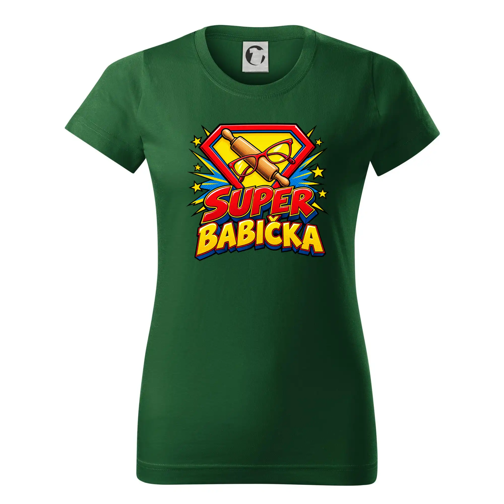 Super babička komiksový znak s válečkem a brýlemi