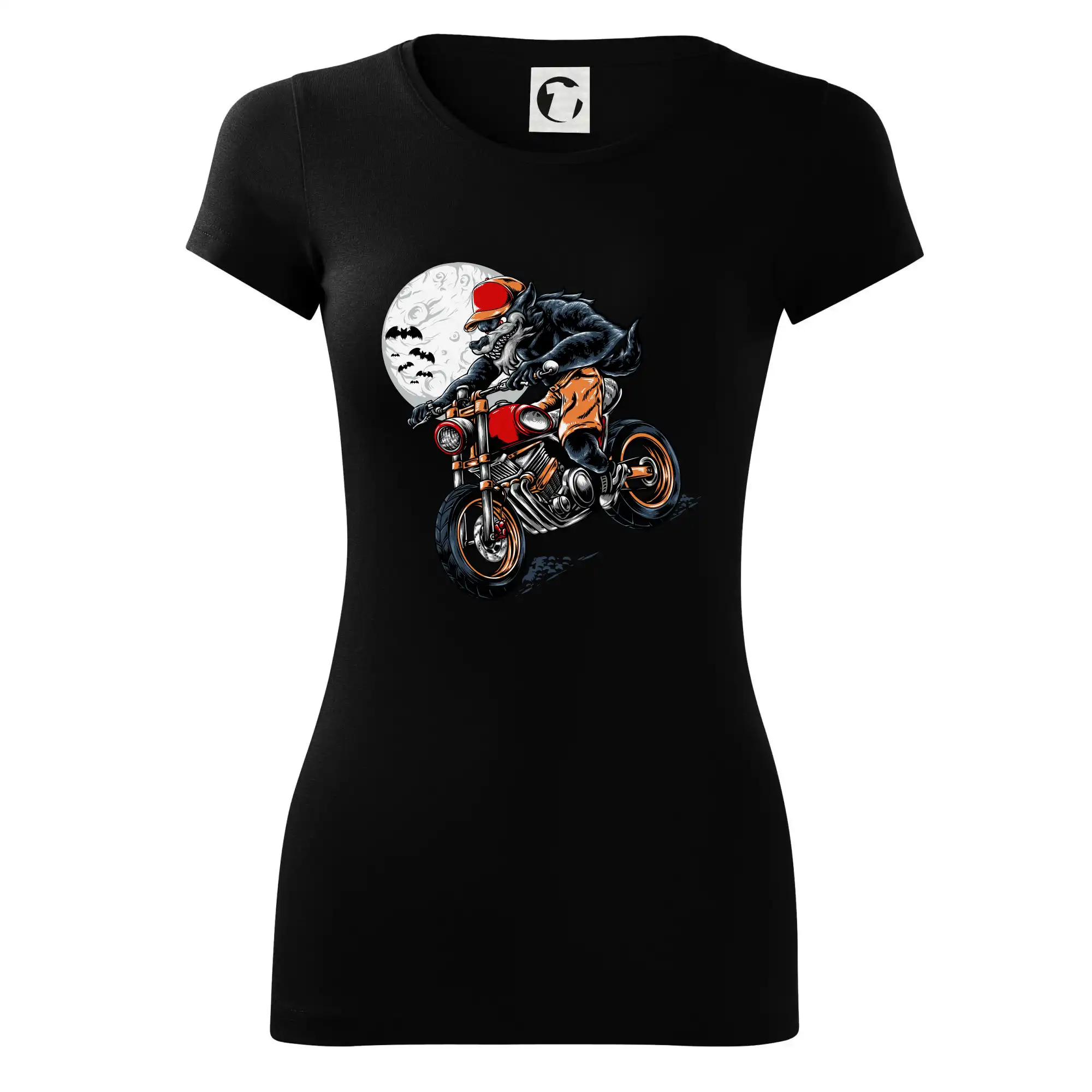 Kreslený vlk na motorce