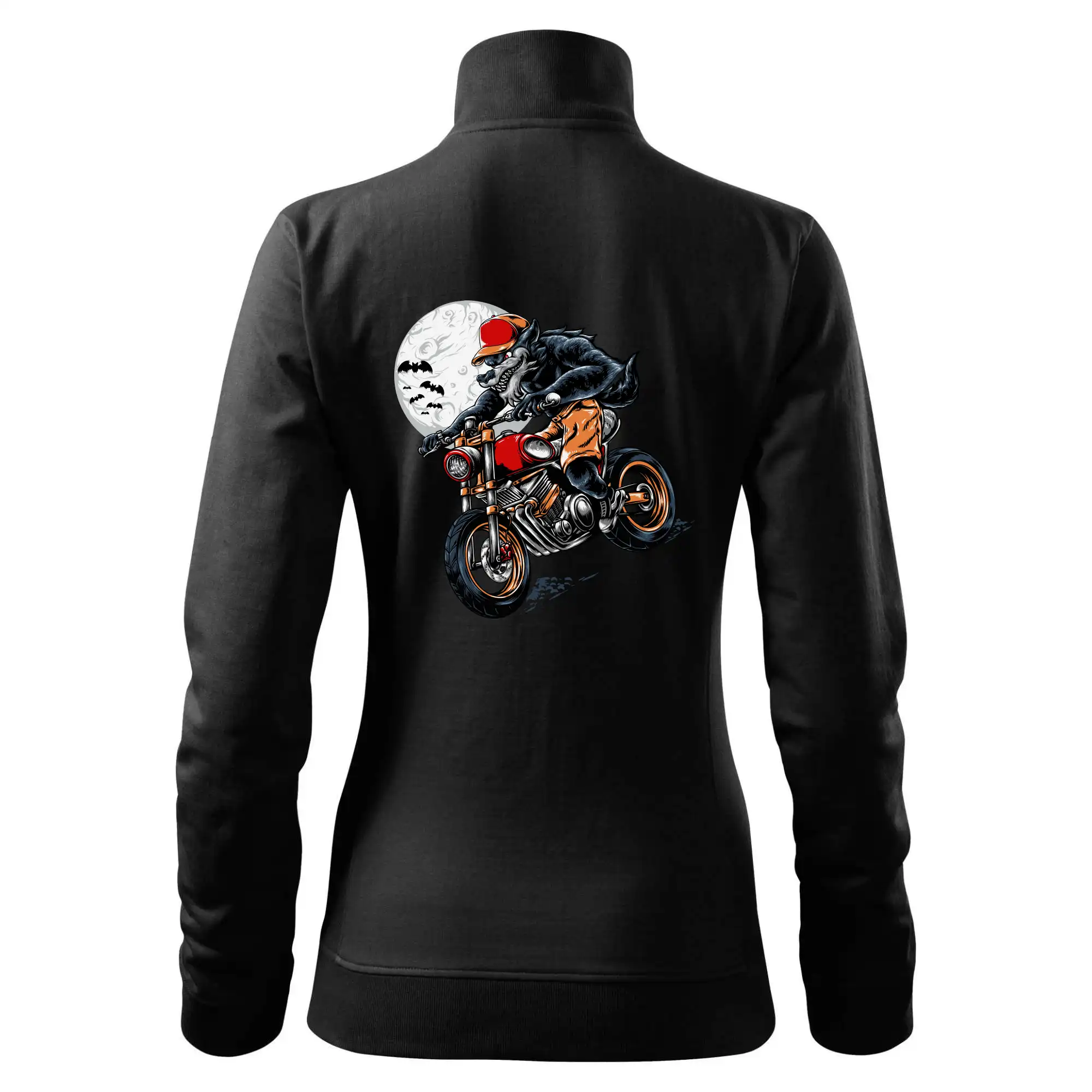 Kreslený vlk na motorce