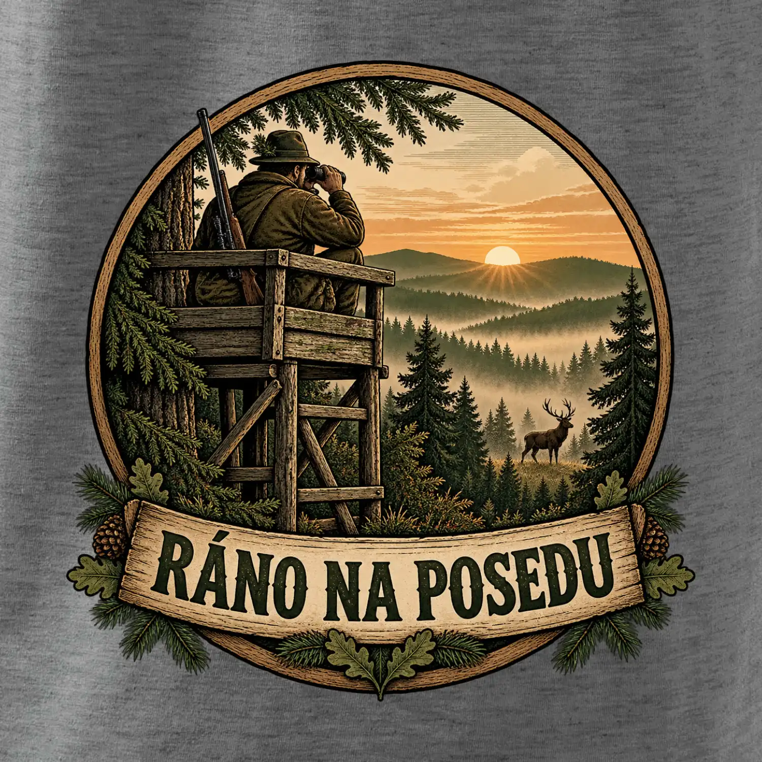 Ráno na posedu myslivec při východu slunce