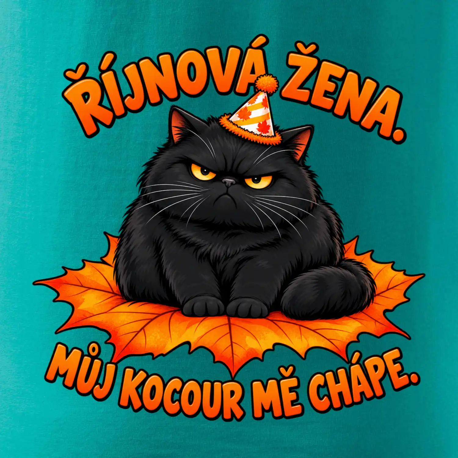 Říjnová žena mrzutý černý kocour na javorovém listu