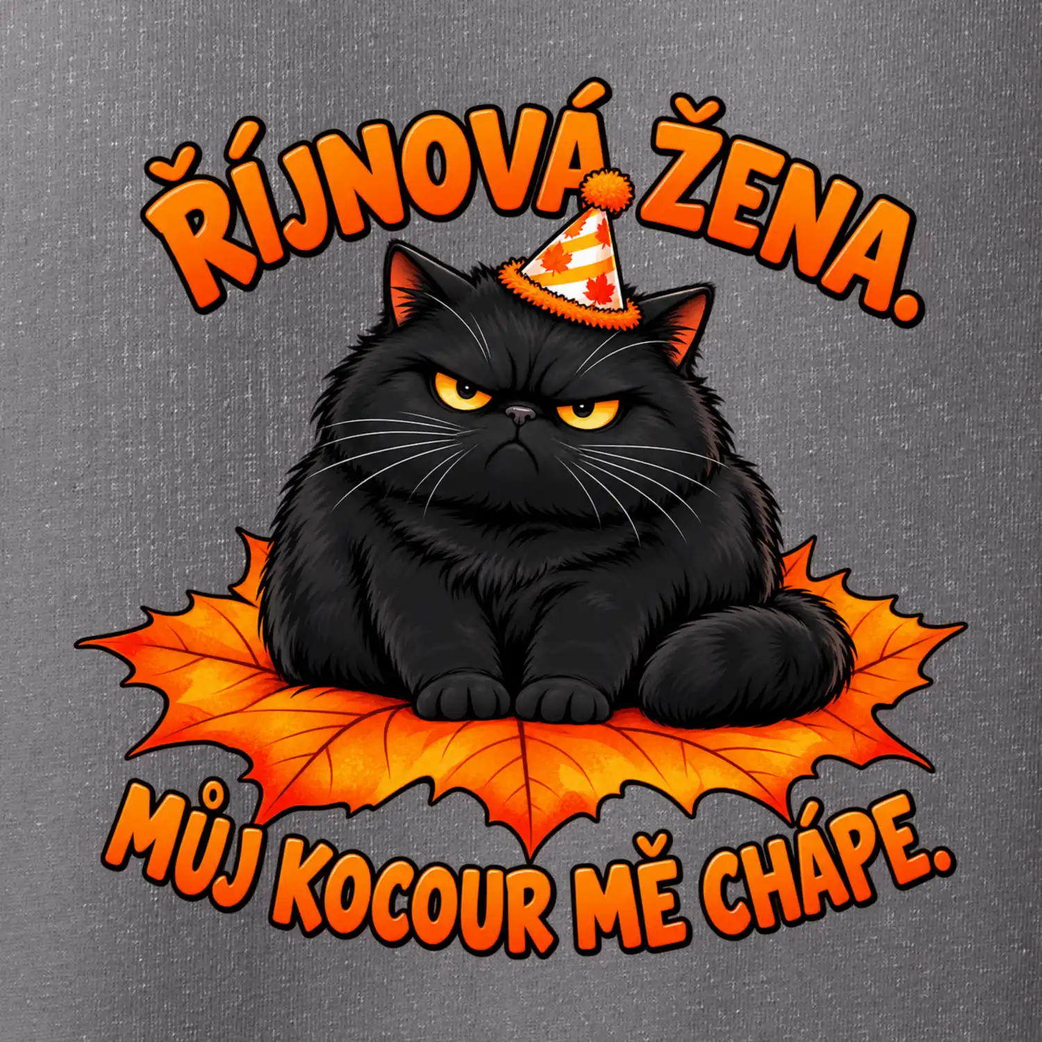 Říjnová žena mrzutý černý kocour na javorovém listu