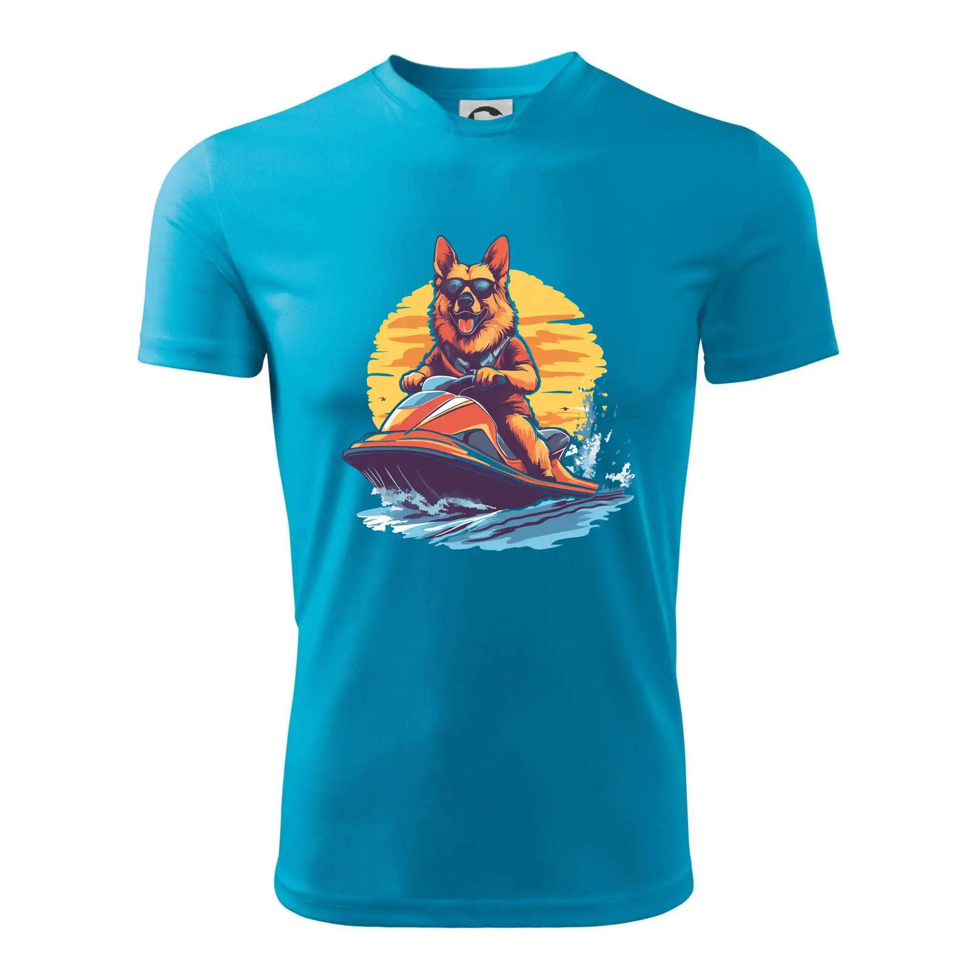 Německý ovčák na vodním skútru