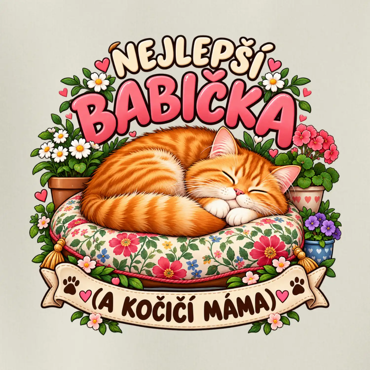 Nejlepší babička a kočičí máma spící zrzavý kocour