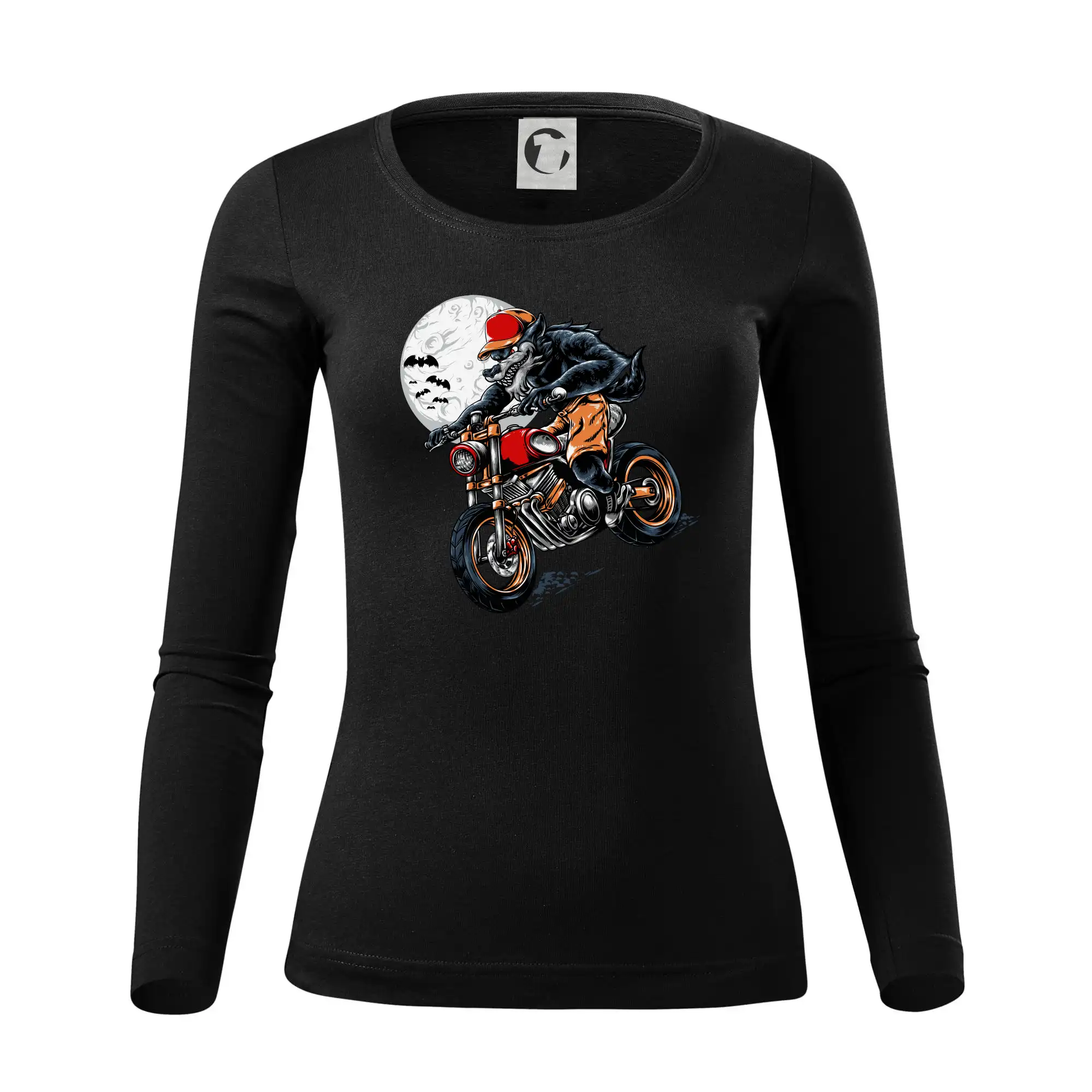 Kreslený vlk na motorce