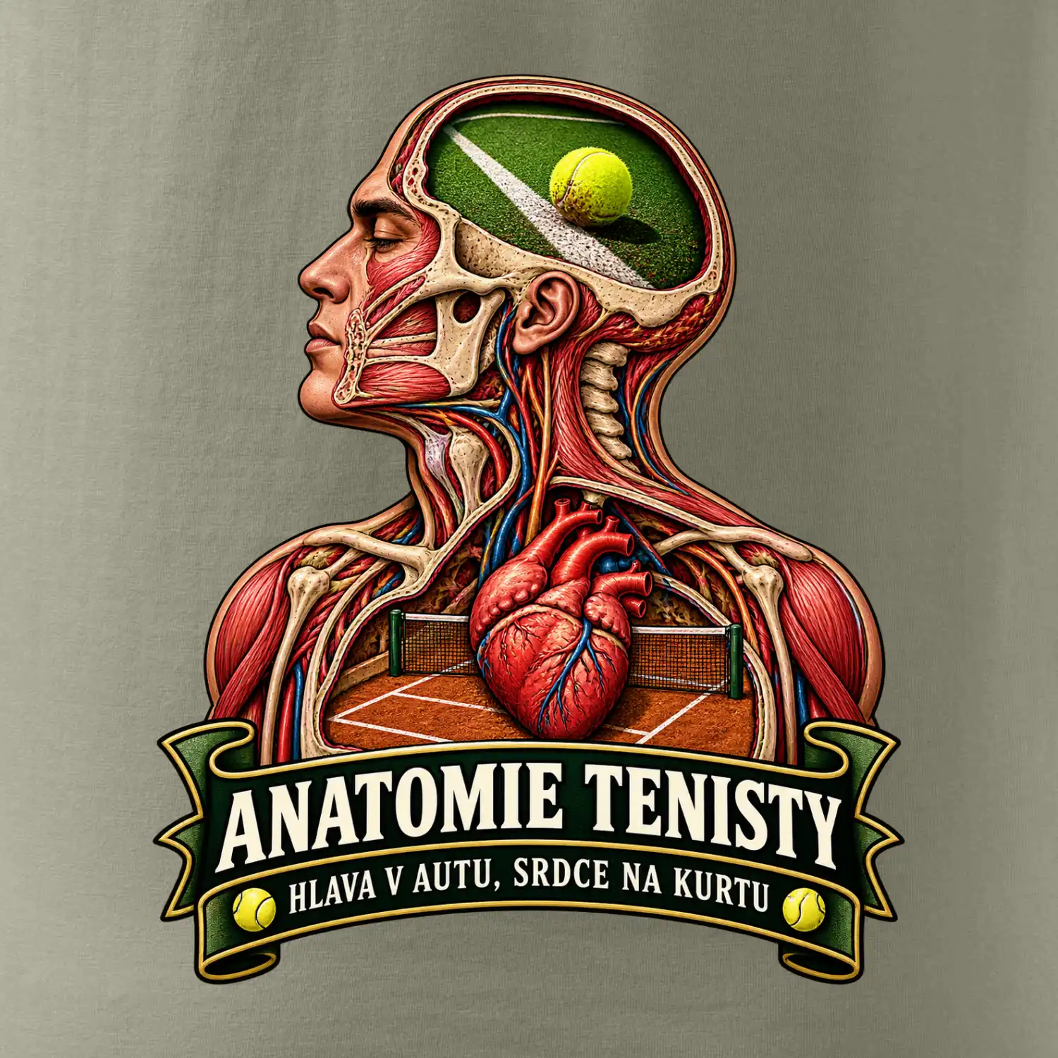 Anatomie tenisty hlava v autu srdce na kurtu