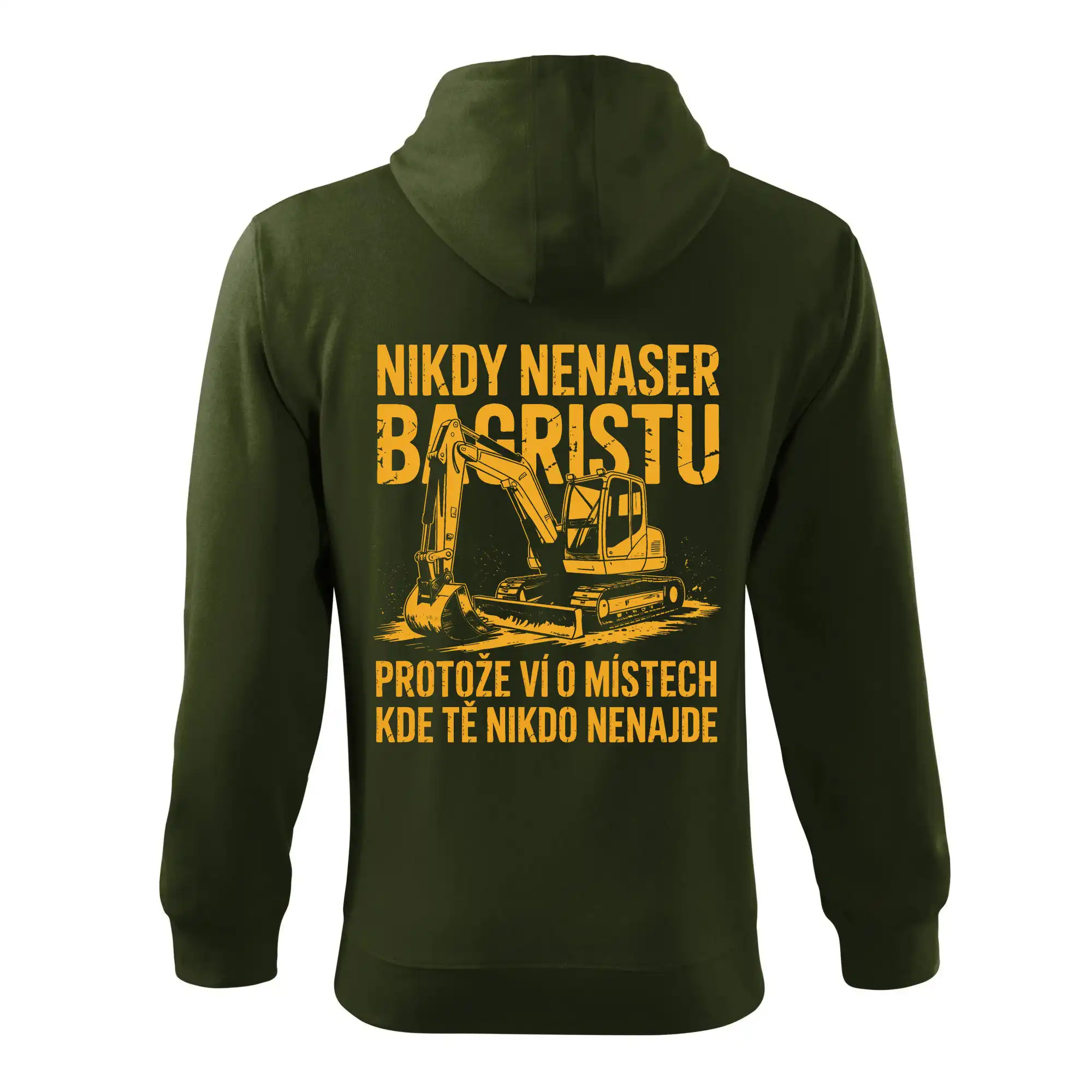 Oranžový bagr Nikdy Nenaser bagristu