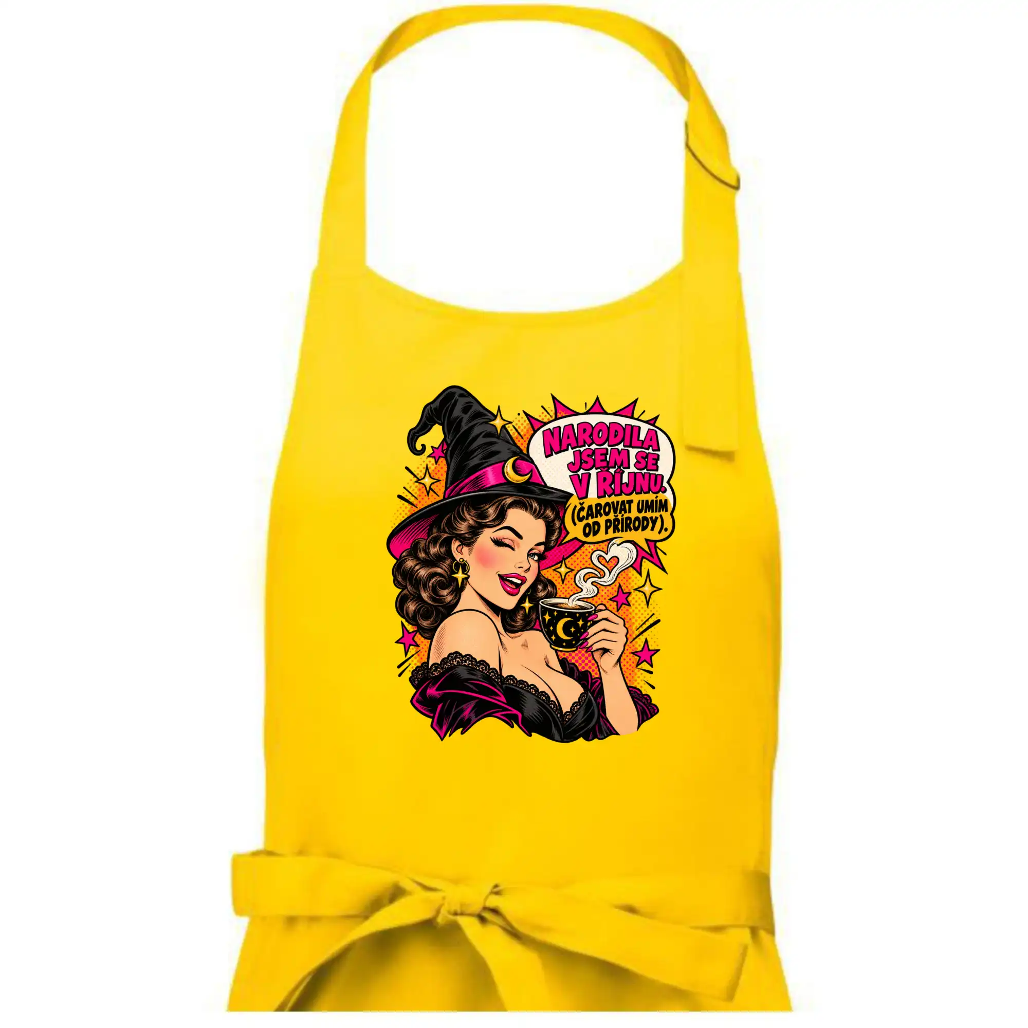 Říjnová čarodějka s kávou v retro pop artu