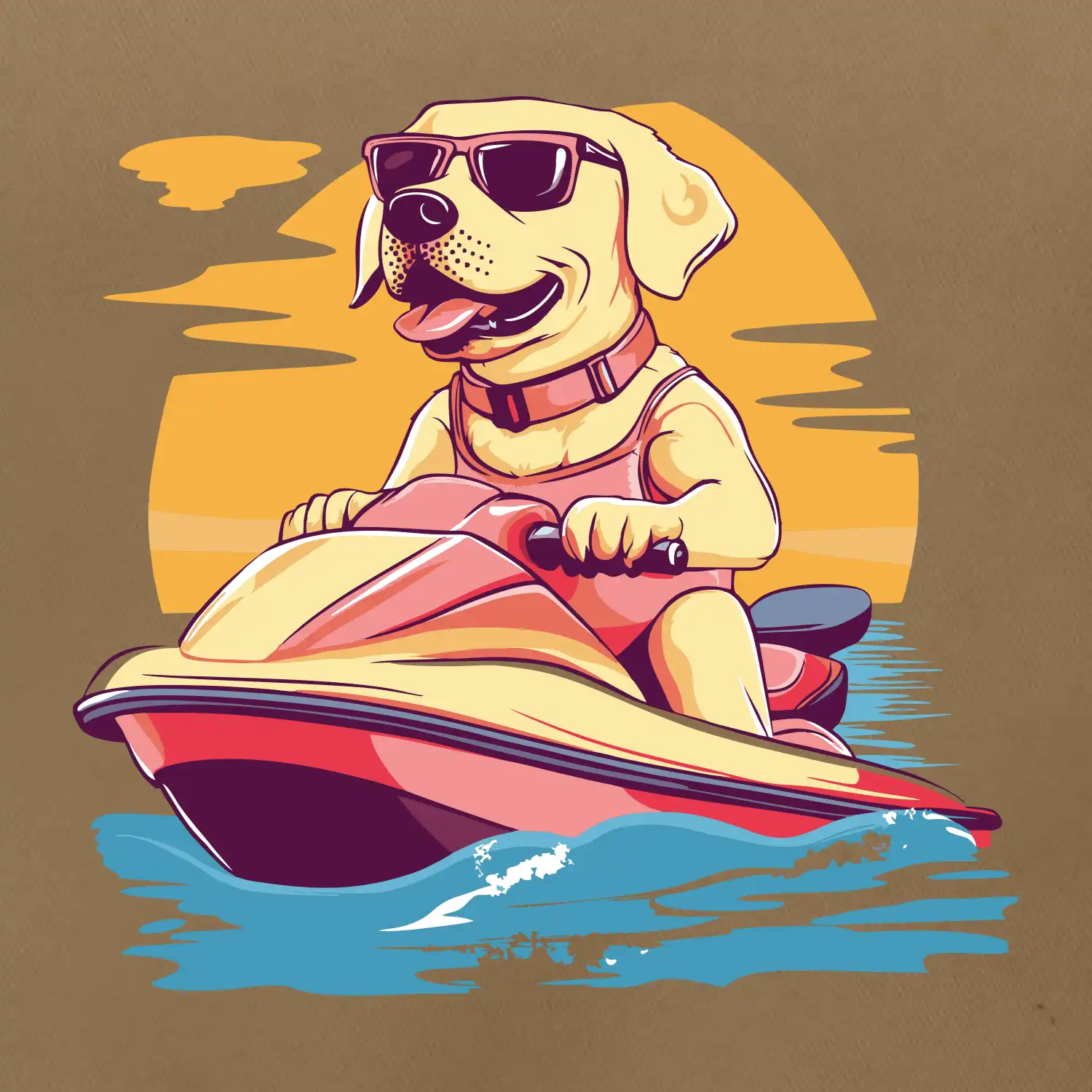 Zlatý retrívr na vodním skútru