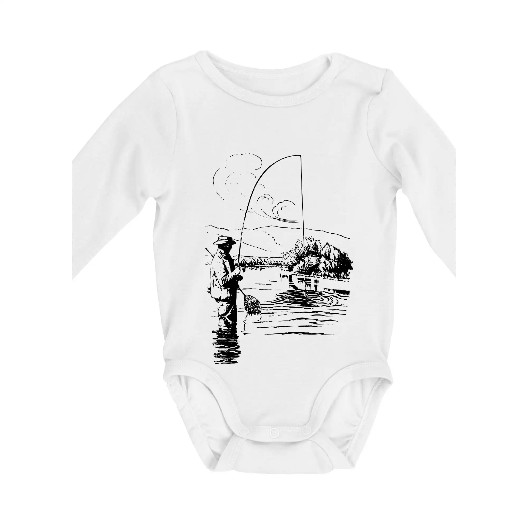 Kreslený rybář s podběrákem