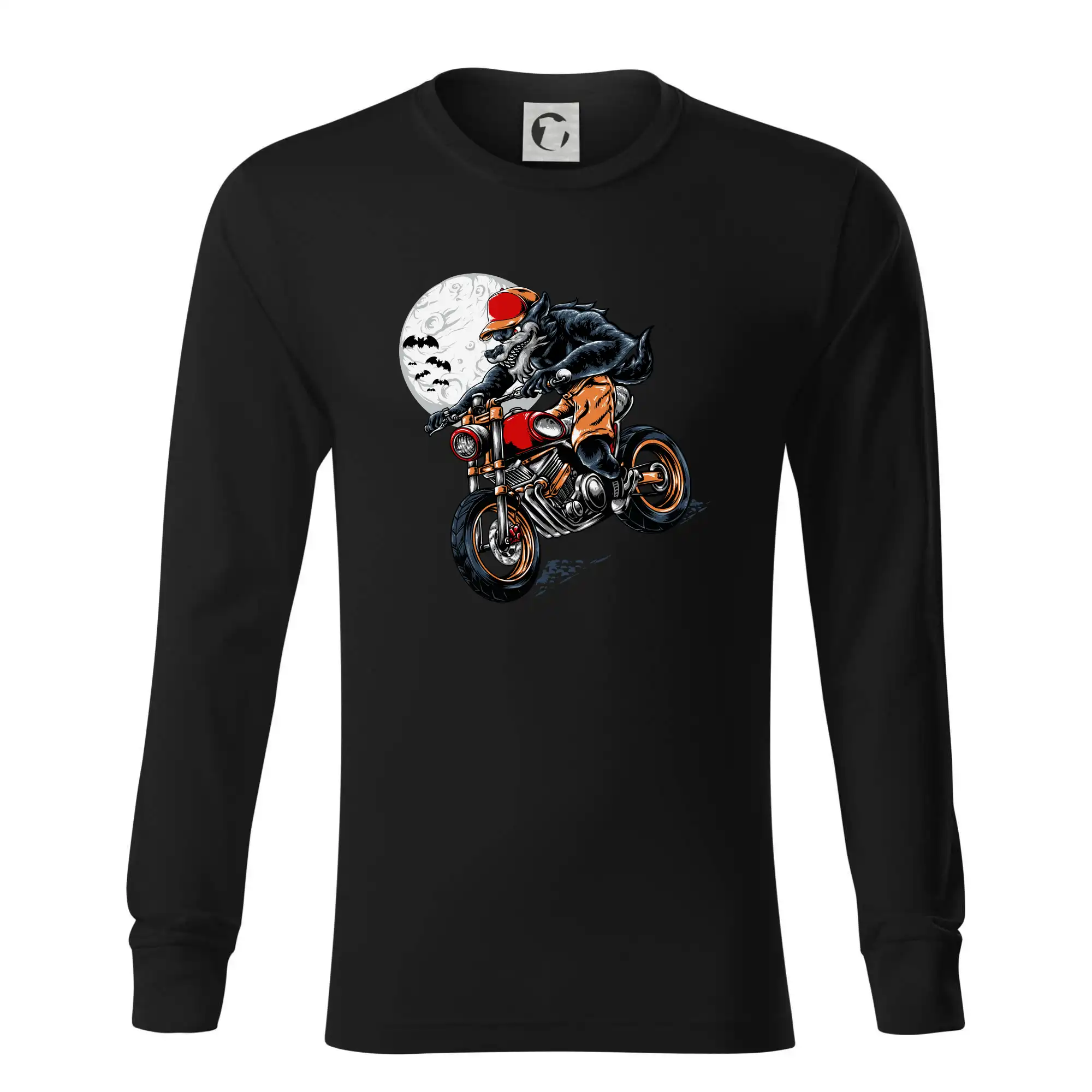 Kreslený vlk na motorce