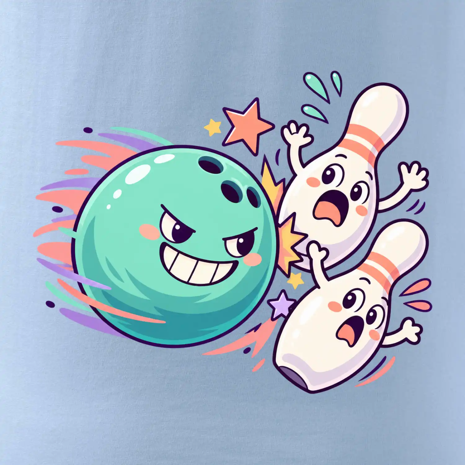 Bowling vtipná koule honí vystrašené kuželky
