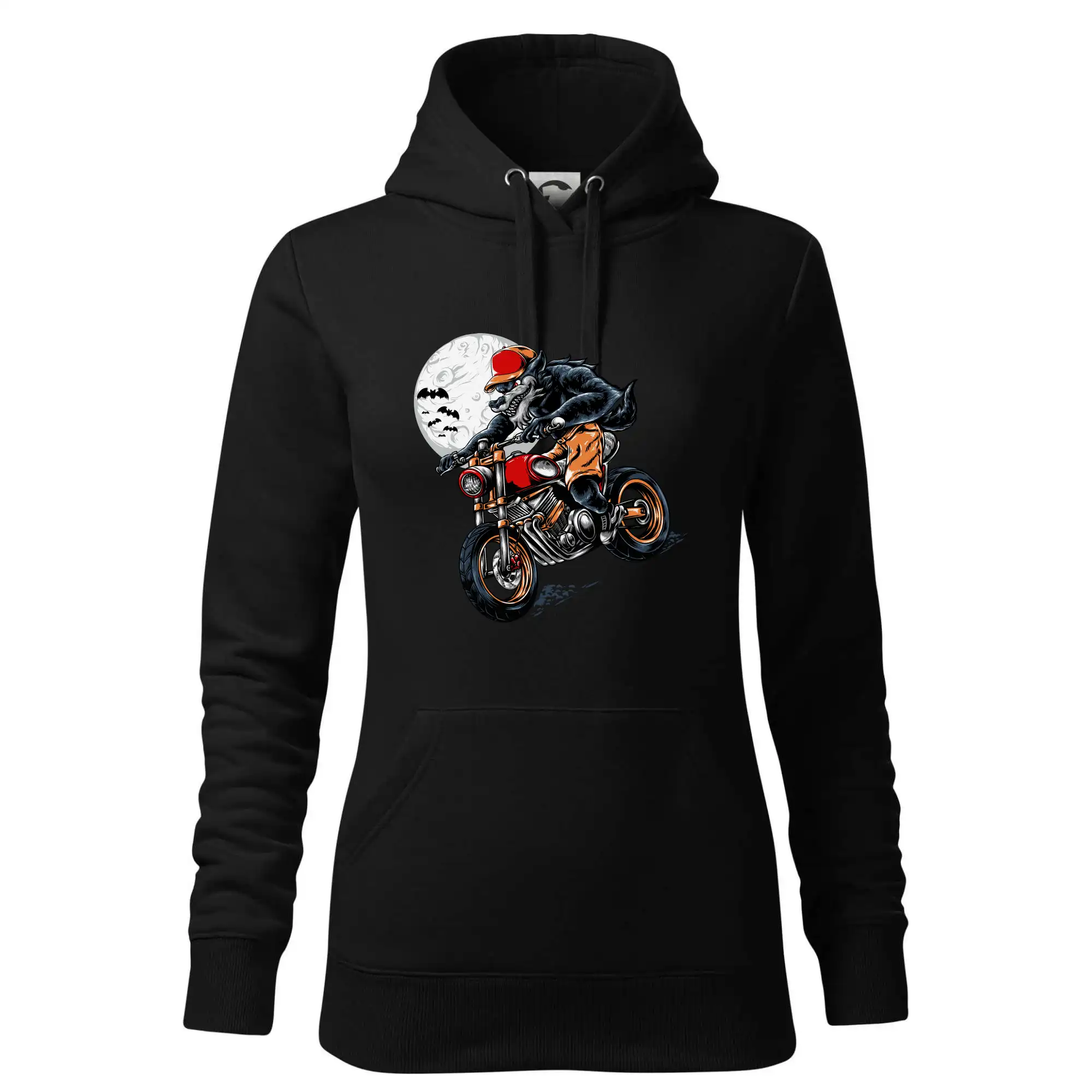 Kreslený vlk na motorce