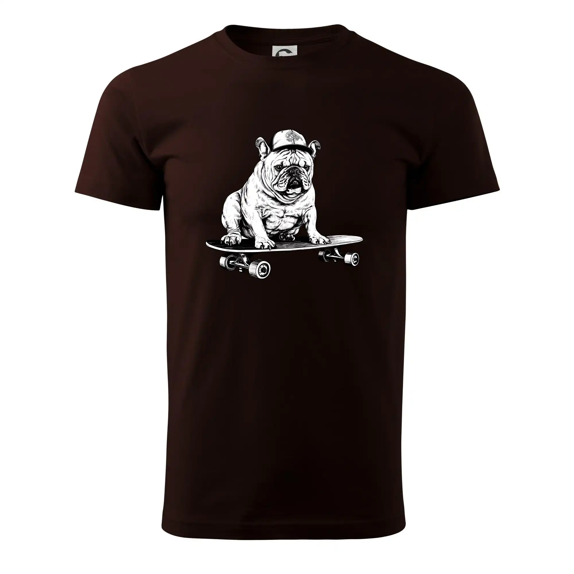 Černobílý buldok na skateboardu