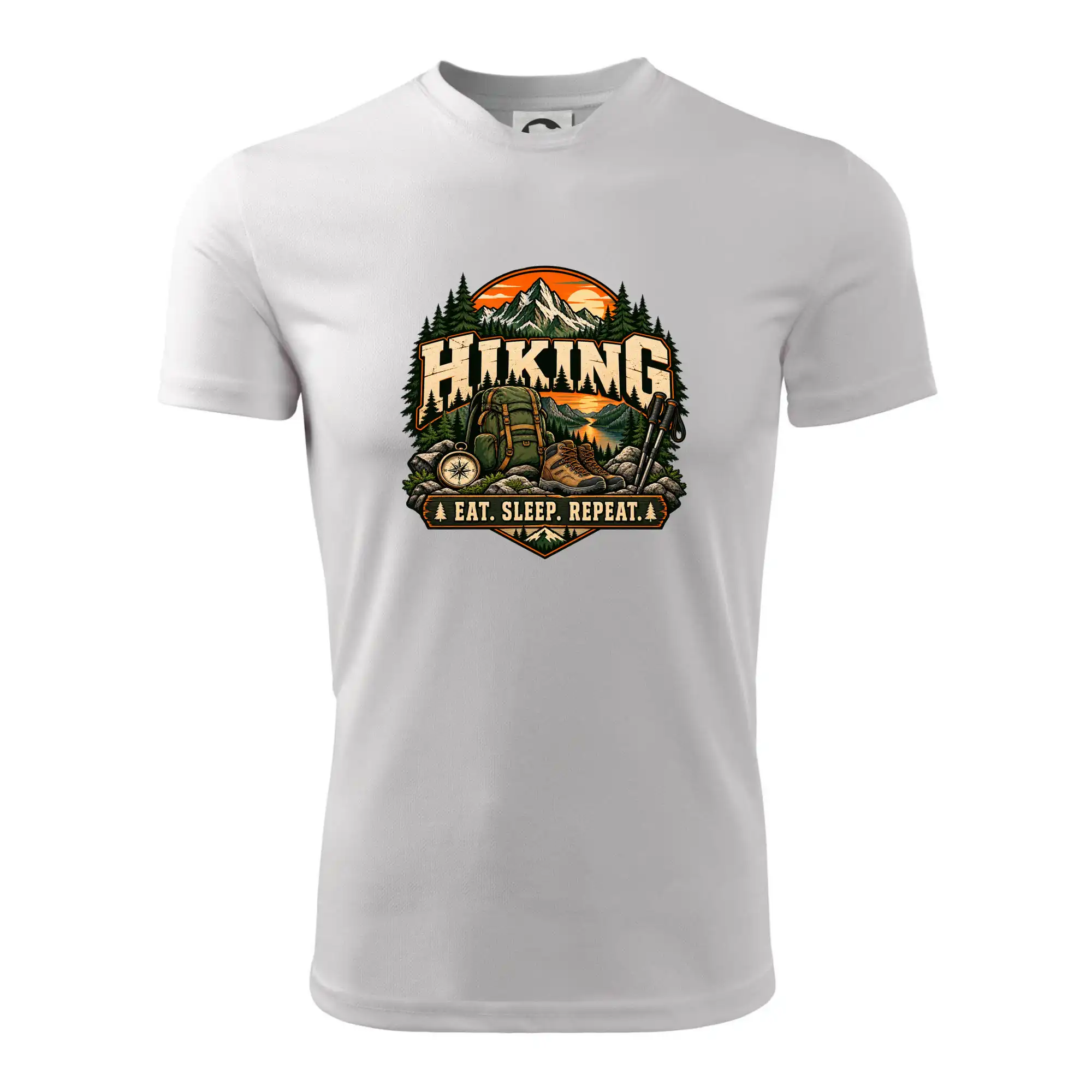 Turistický batoh v horách eat sleep repeat