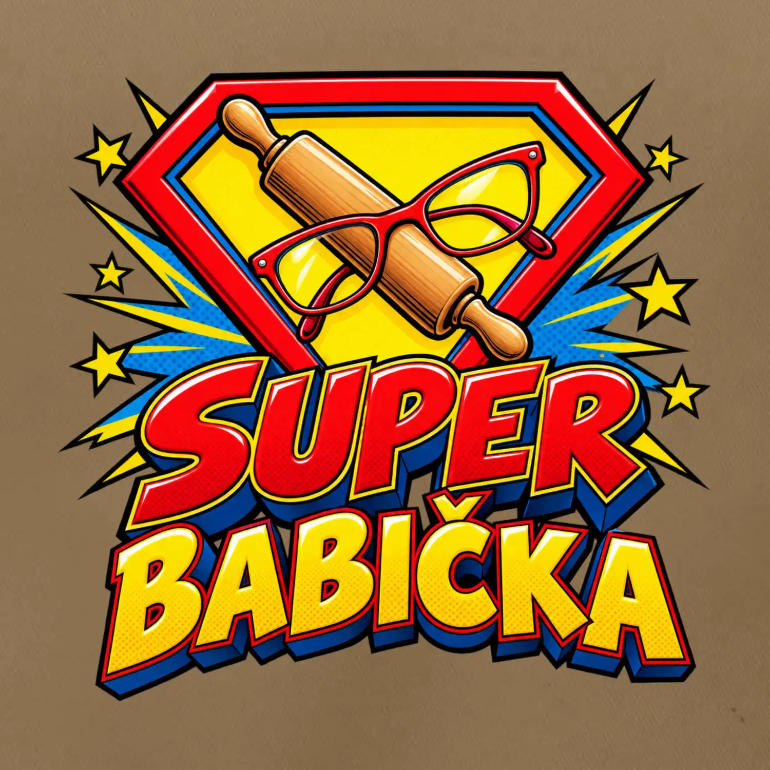 Super babička komiksový znak s válečkem a brýlemi
