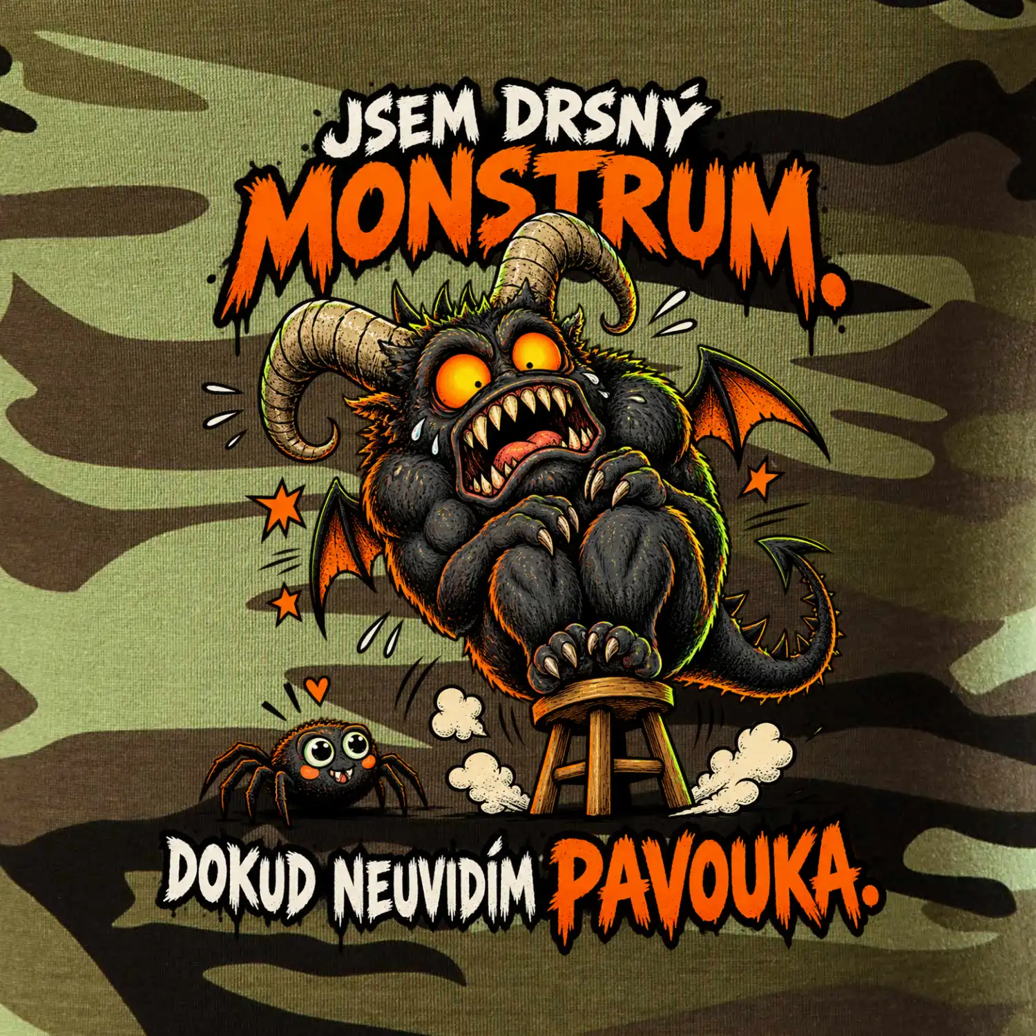 Drsné rohaté monstrum se bojí pavoučka