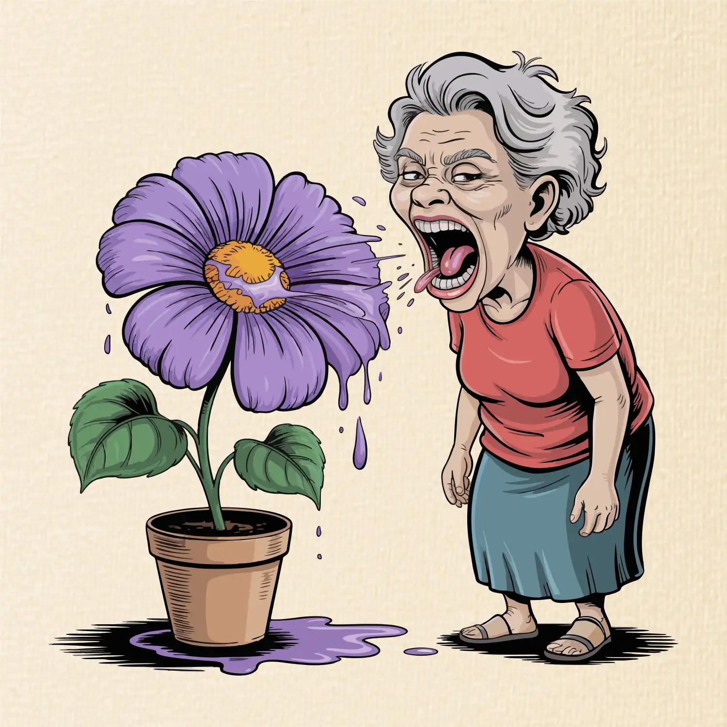 Stará paní plive na fialu