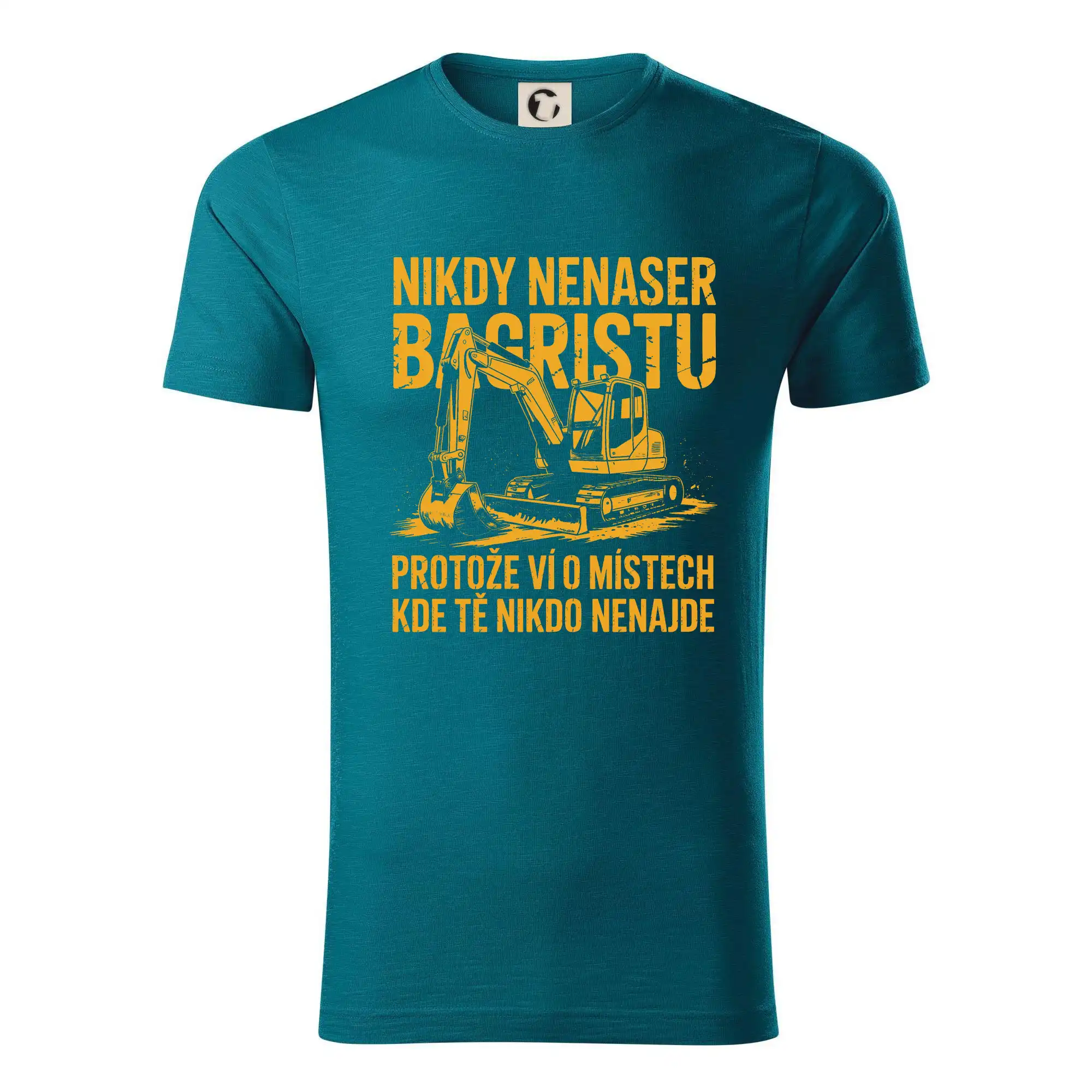 Oranžový bagr Nikdy Nenaser bagristu