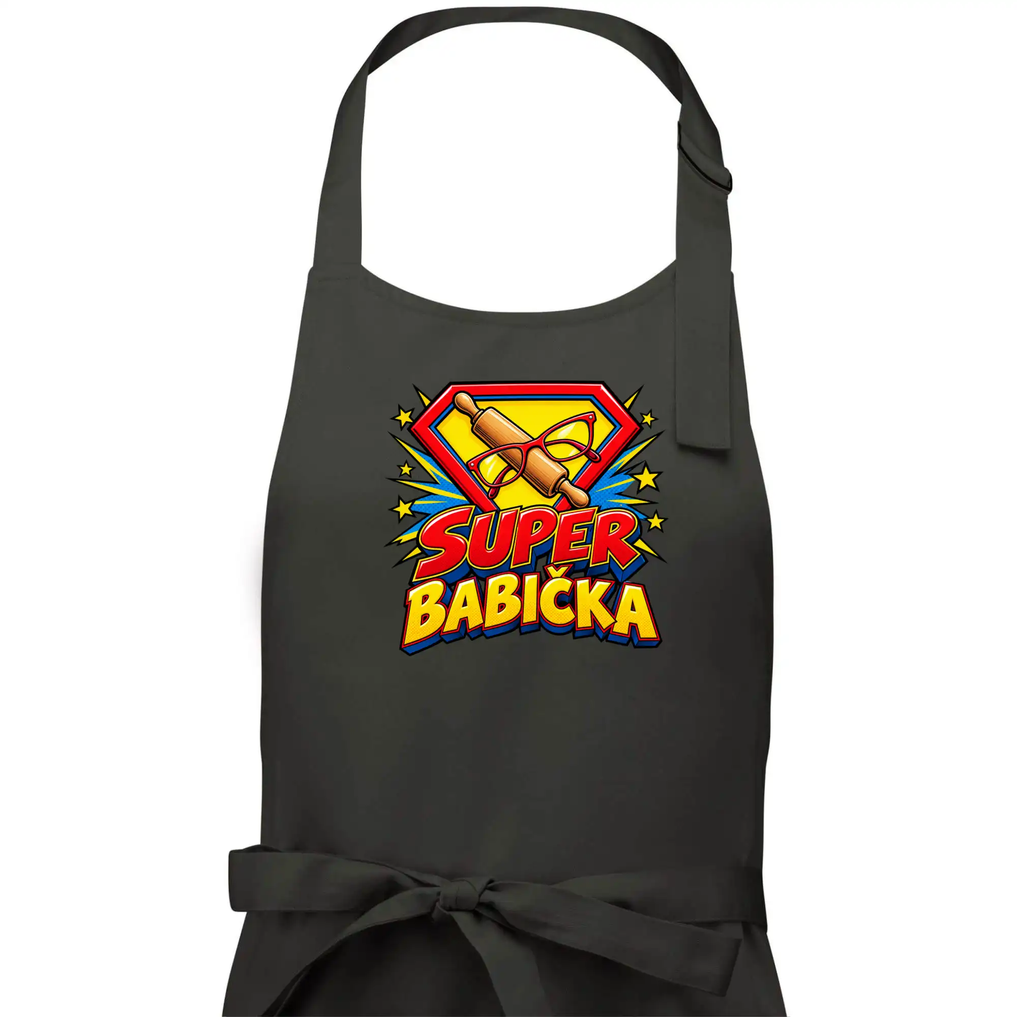 Super babička komiksový znak s válečkem a brýlemi
