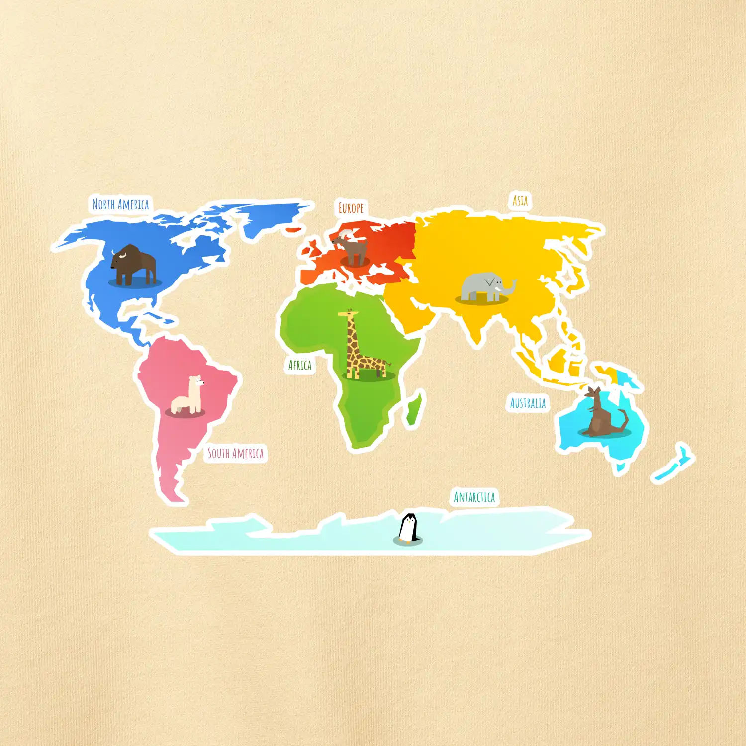 Světové kontinenty s názvy a zvířátky