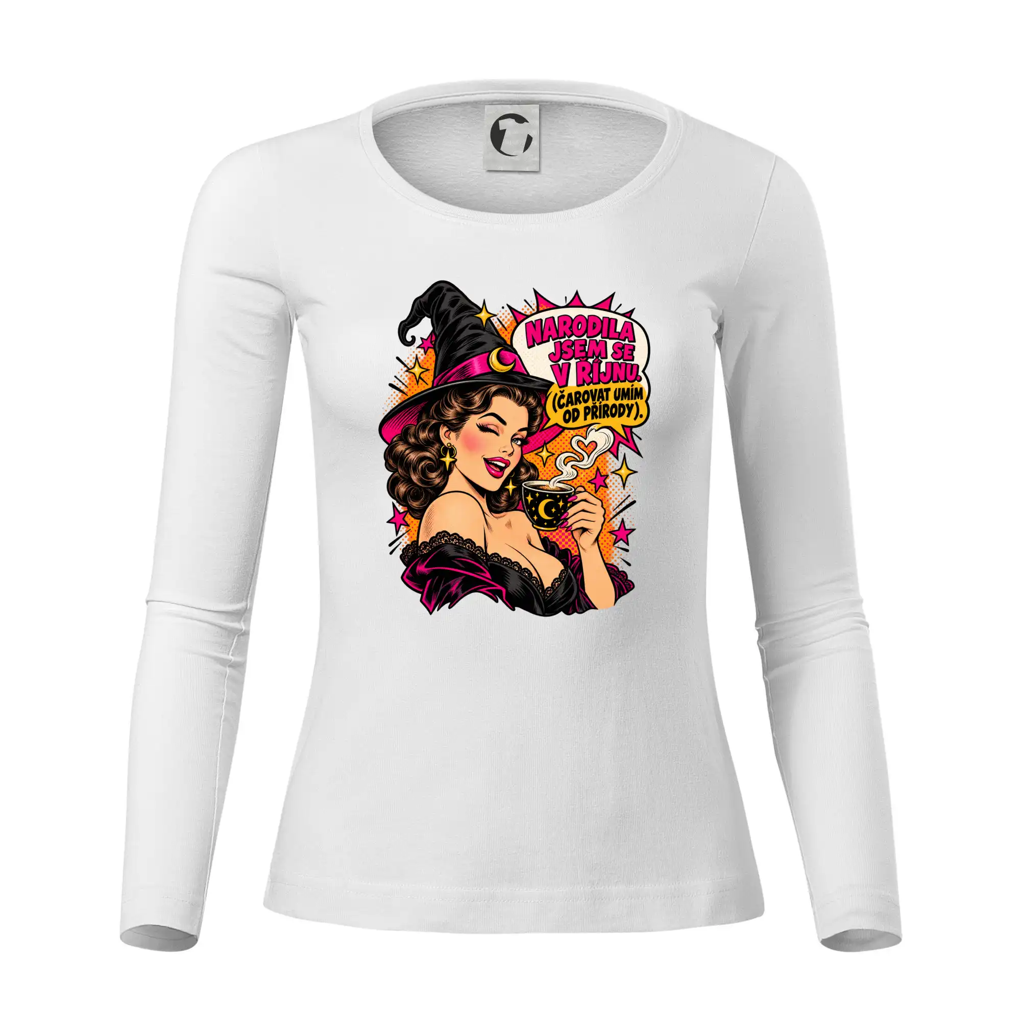 Říjnová čarodějka s kávou v retro pop artu