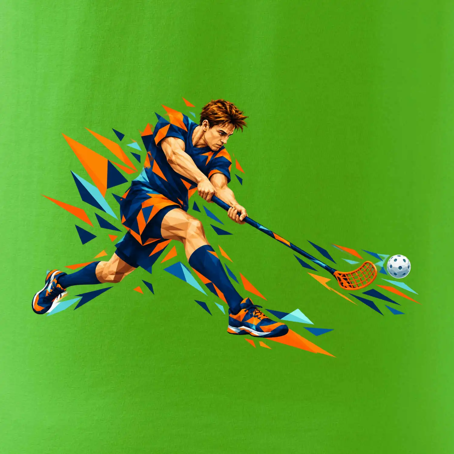 Florbalový útočník v oranžových polygonech