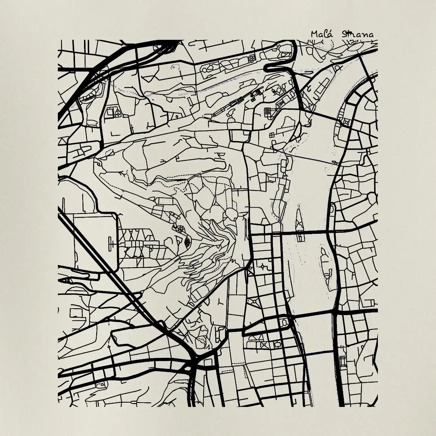 Praha Malá Strana - Mapa černobílá
