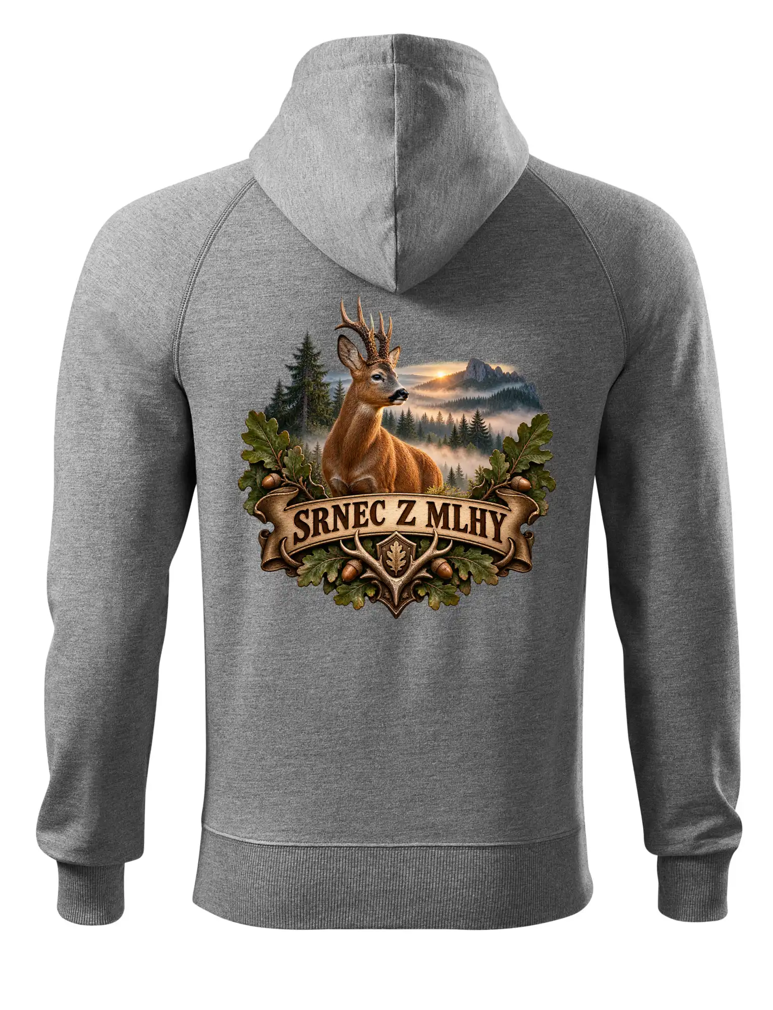 Srnec z mlhy při východu slunce