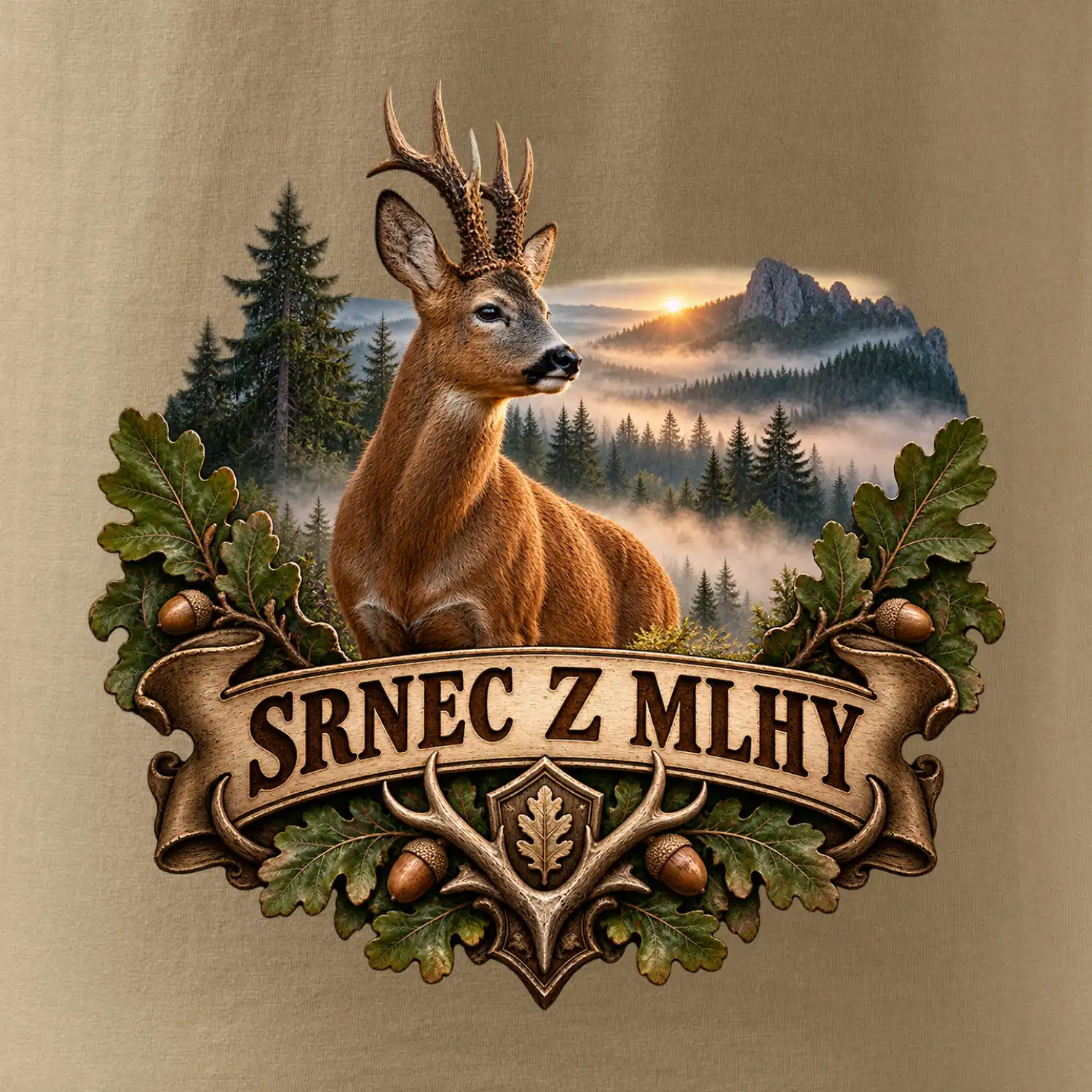 Srnec z mlhy při východu slunce