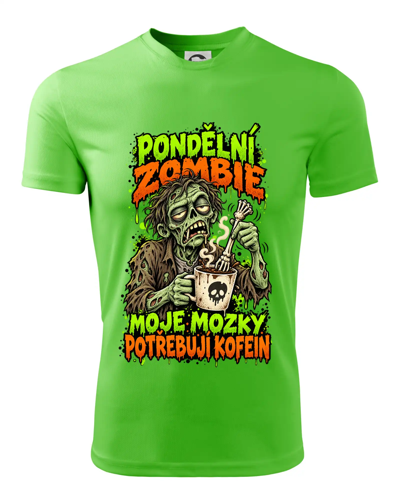 Pondělní zombie míchá kávu kostěnou rukou