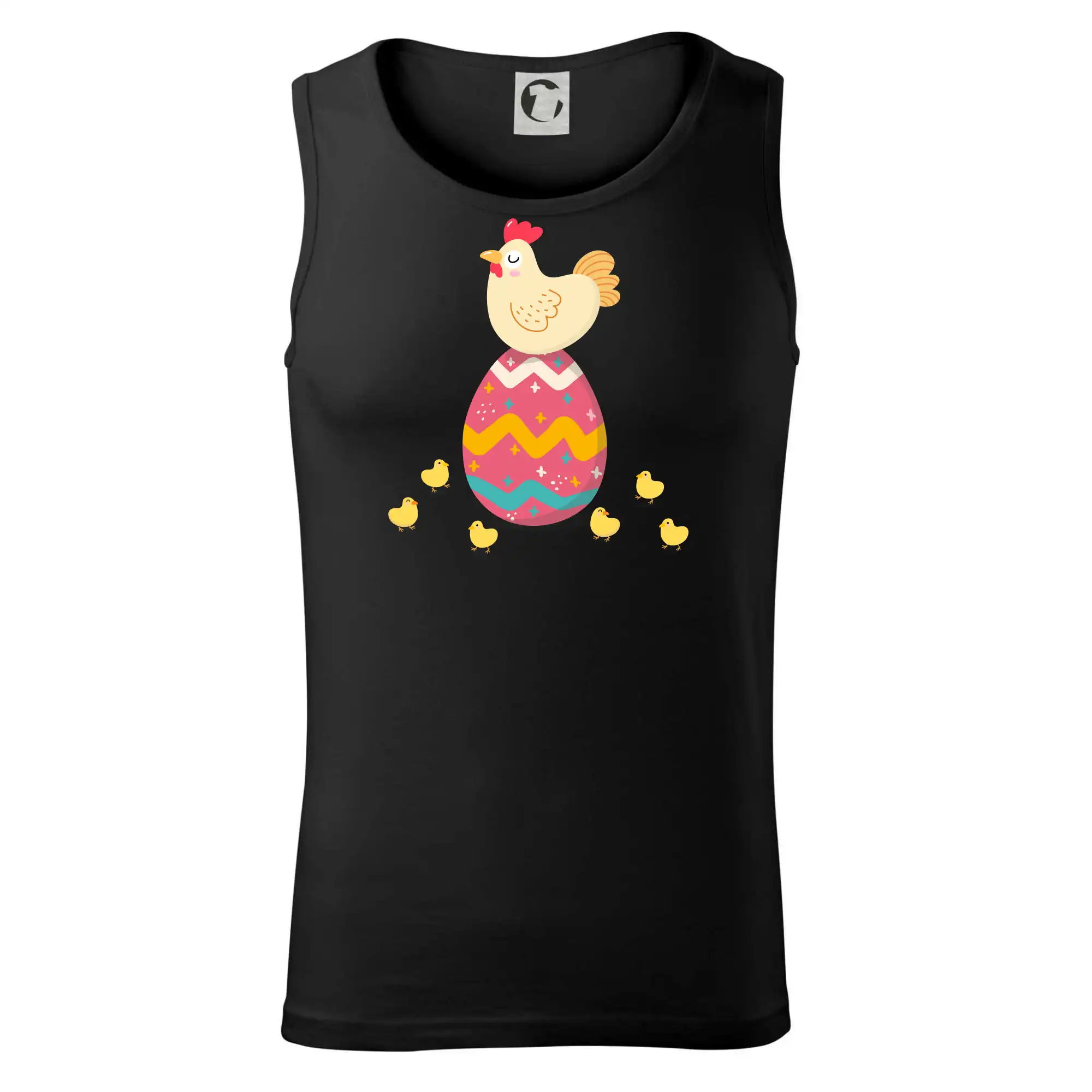 Slepice sedící na velikonočním vejci