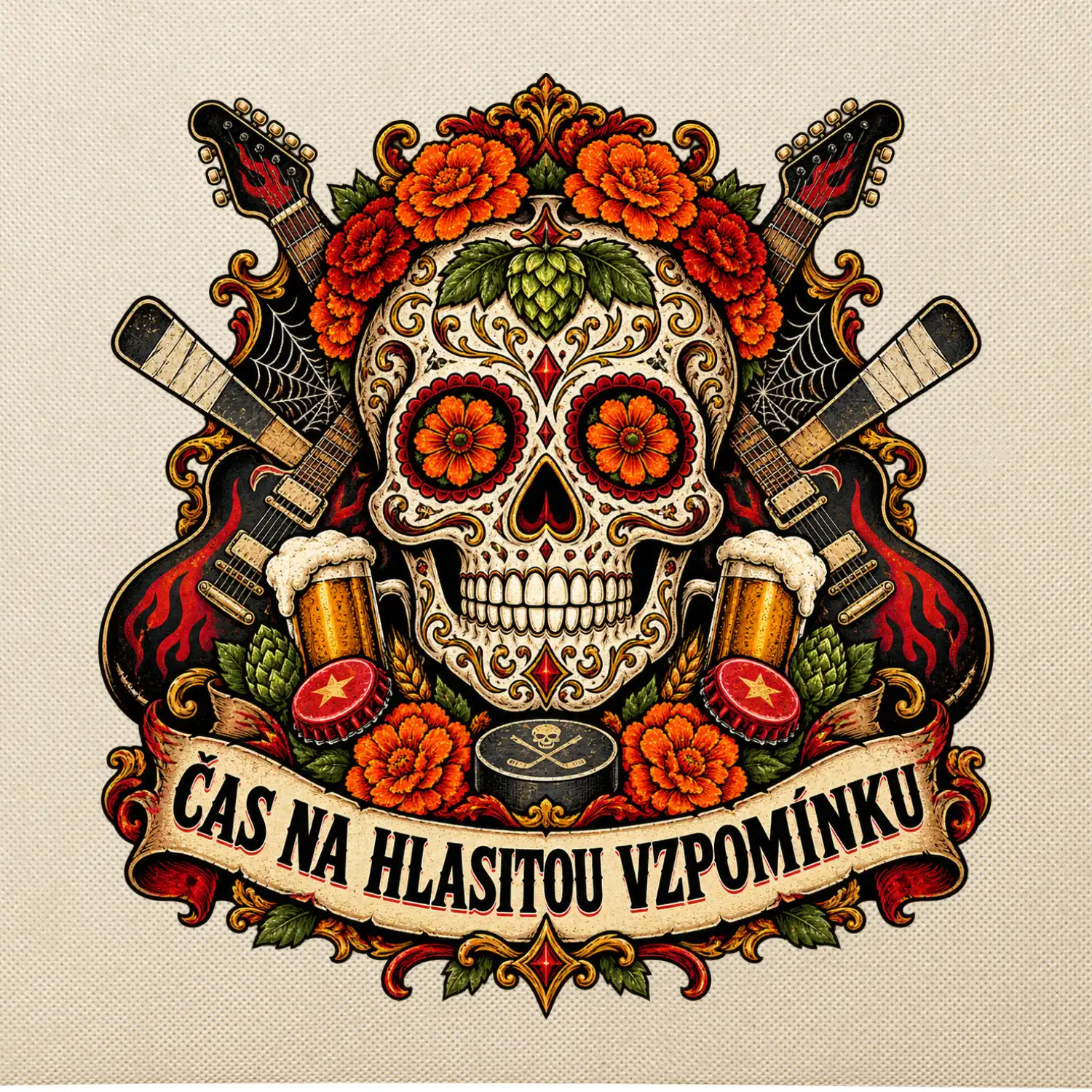 Mexická rocková lebka s kytarami a pivem