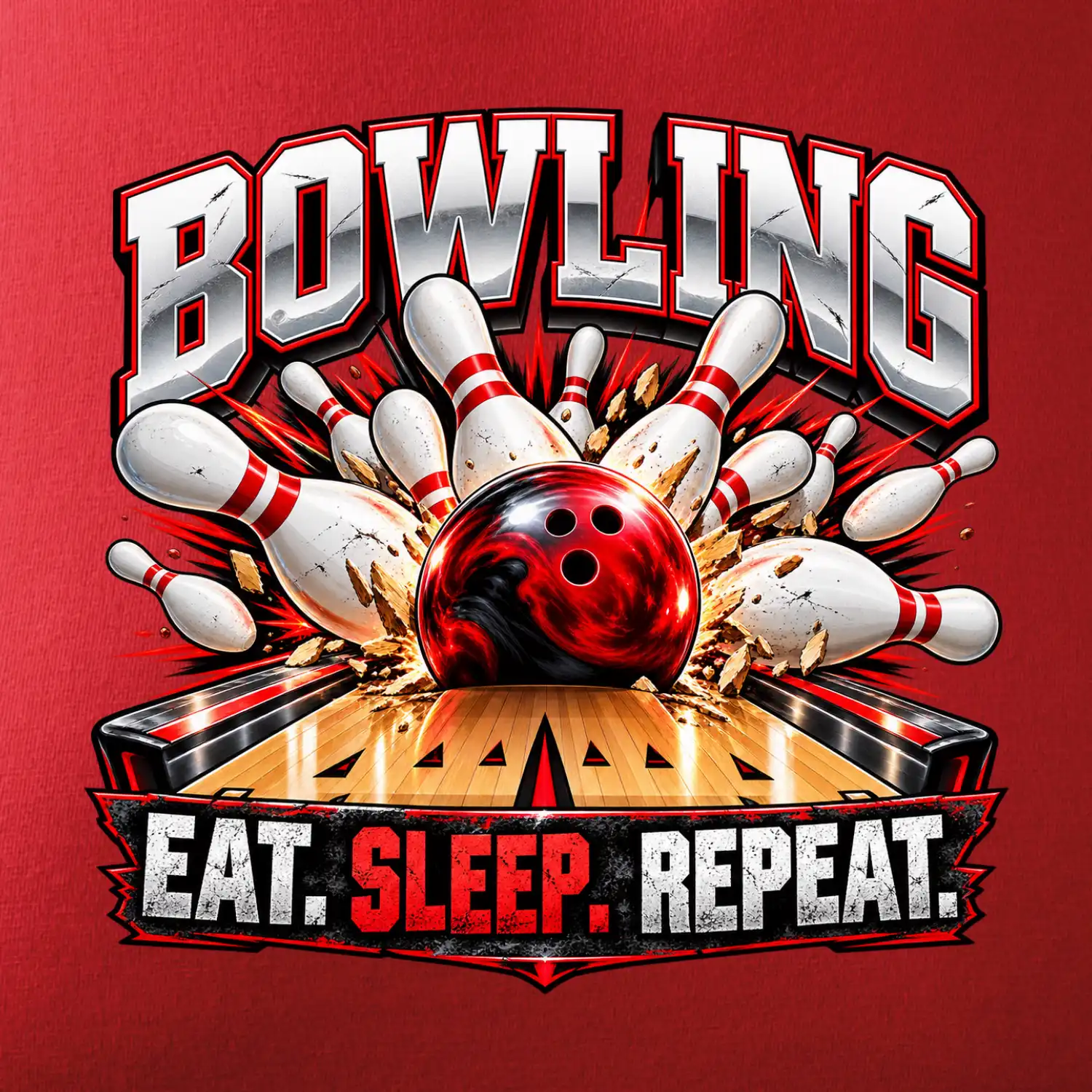 Bowlingová koule a kuželky eat sleep repeat