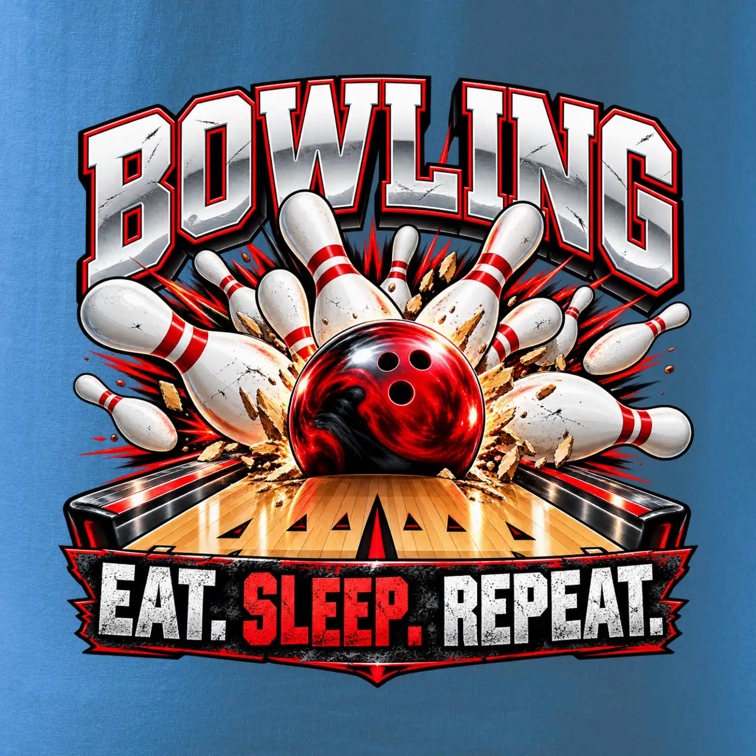 Bowlingová koule a kuželky eat sleep repeat