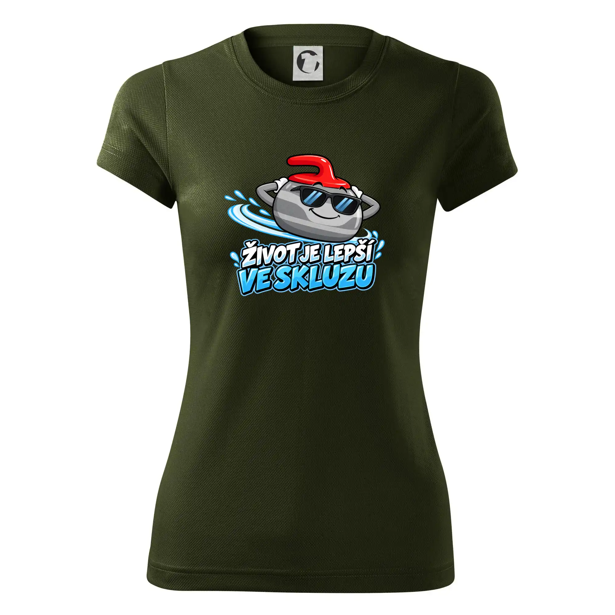 Stylový curlingový kámen ve skluzu