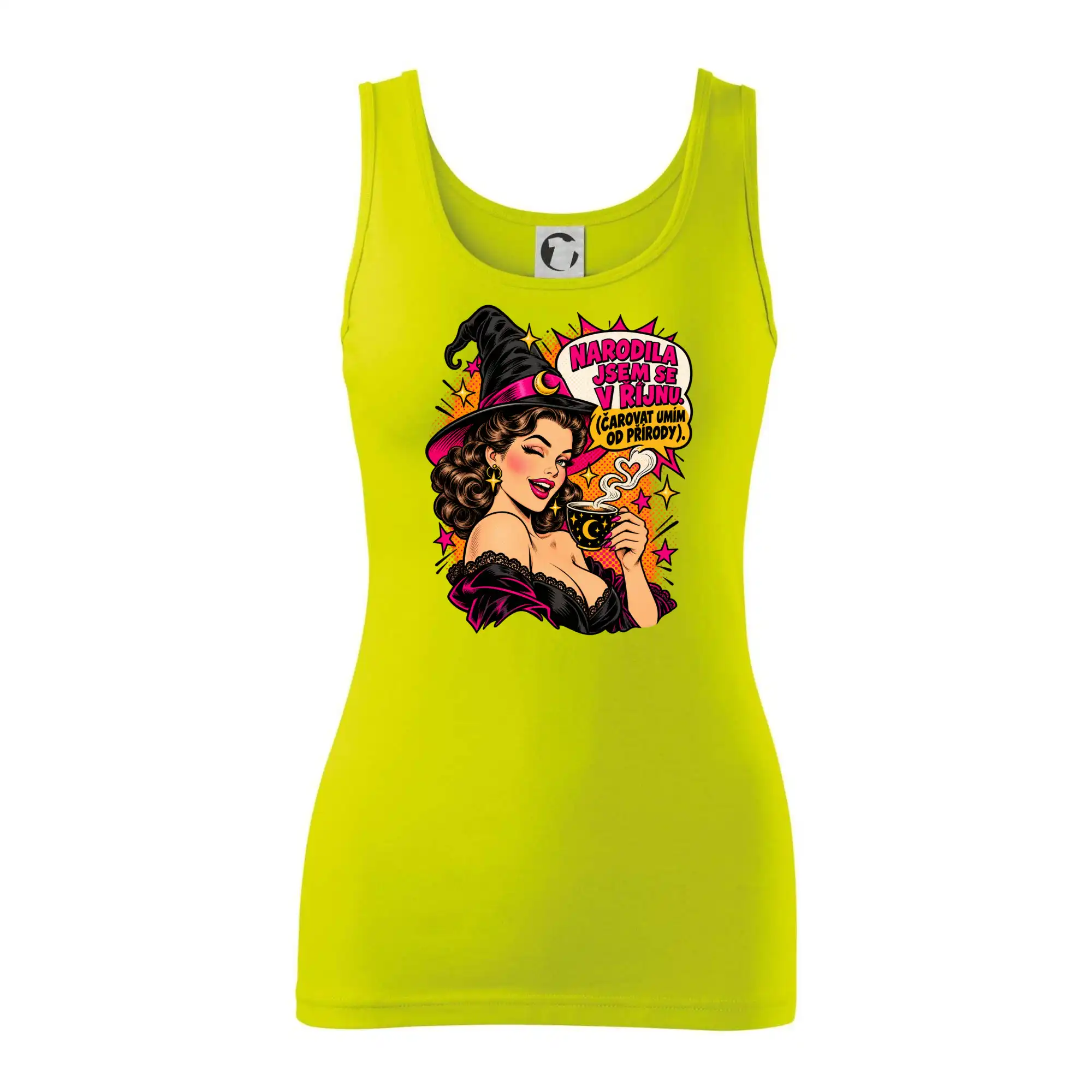 Říjnová čarodějka s kávou v retro pop artu