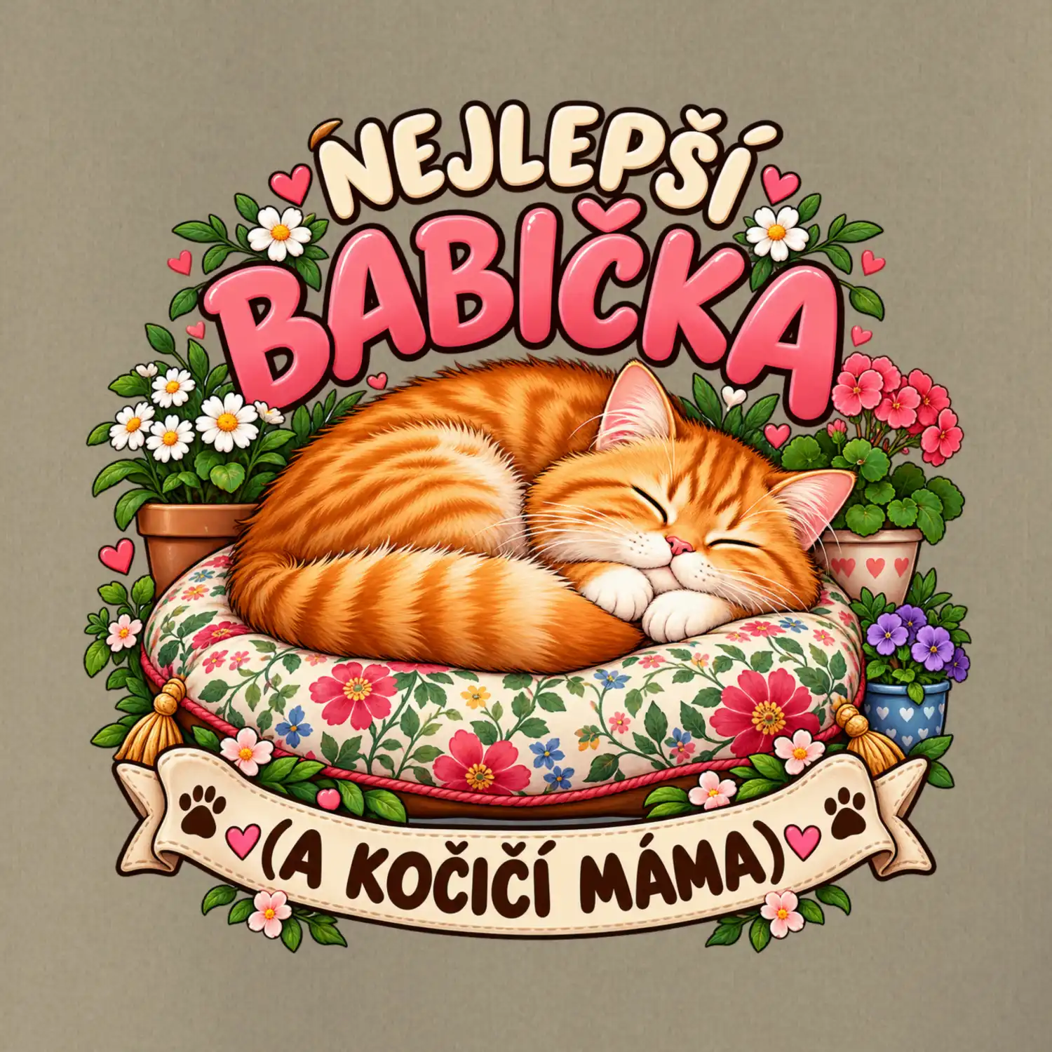 Nejlepší babička a kočičí máma spící zrzavý kocour