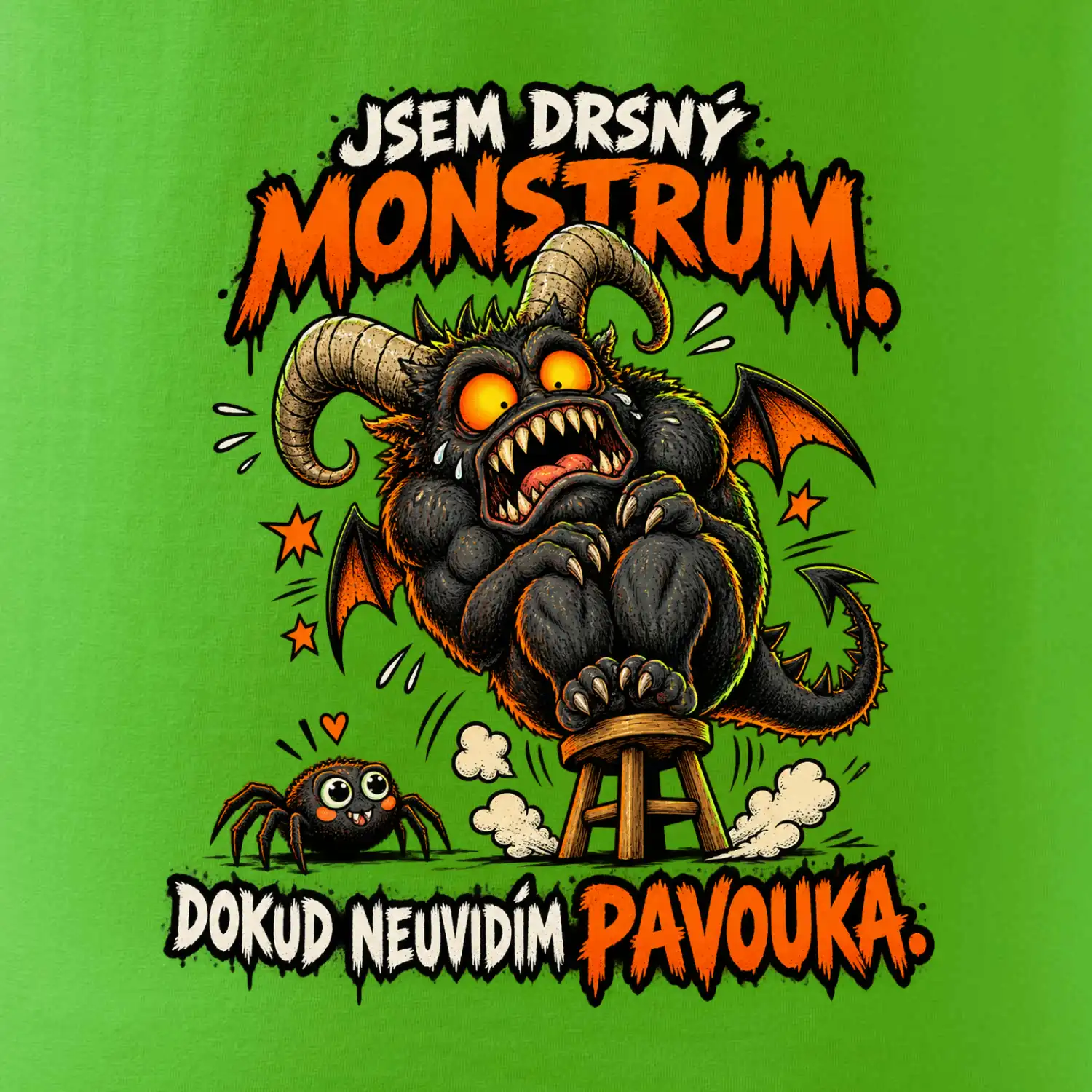 Drsné rohaté monstrum se bojí pavoučka