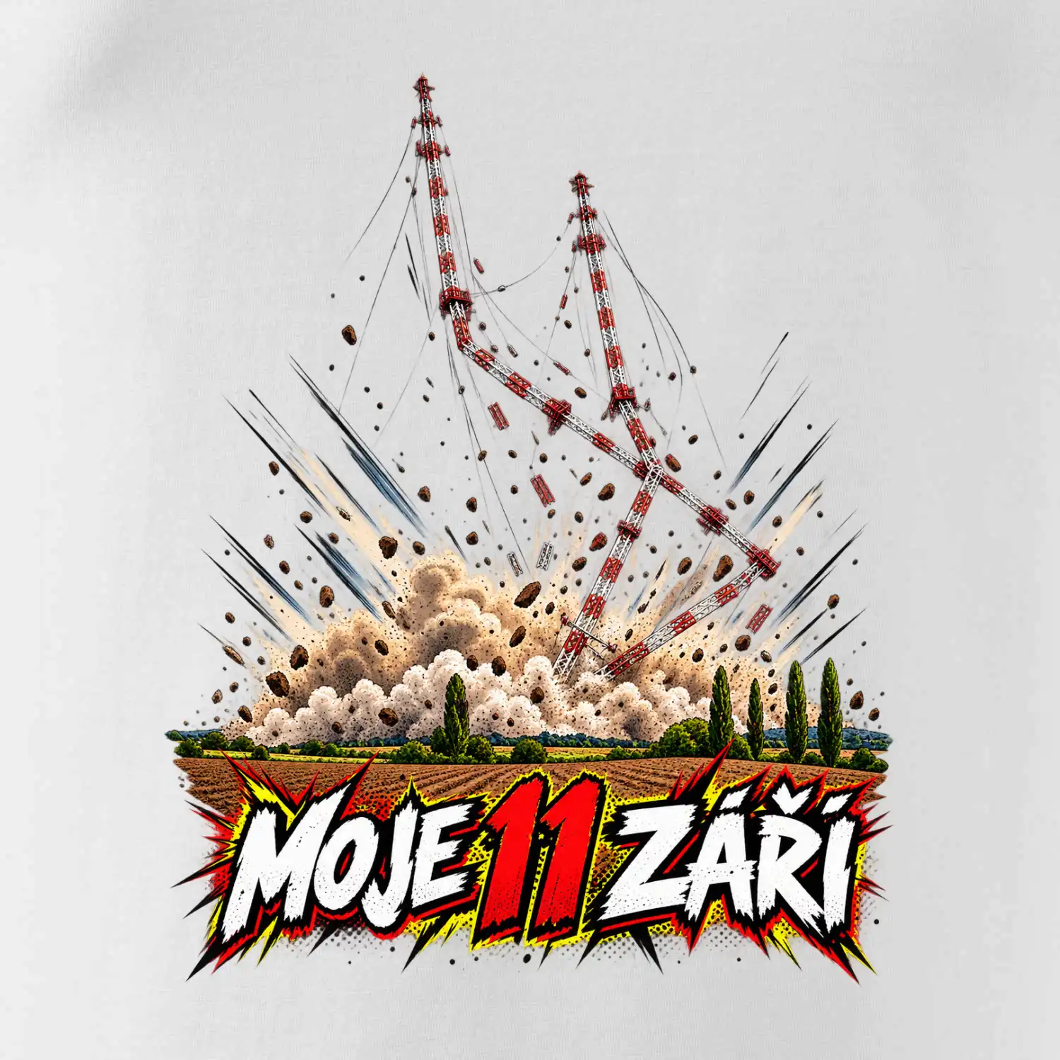 Liblice B pád vysílačů moje 11 září komiksový motiv