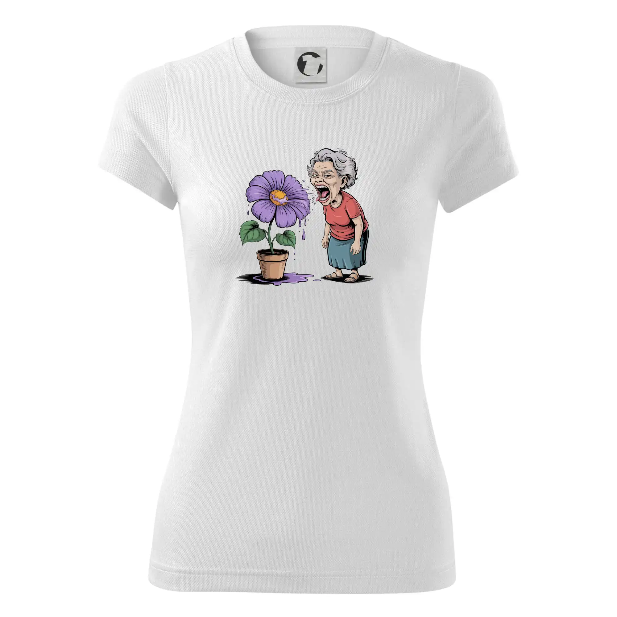 Stará paní plive na fialu