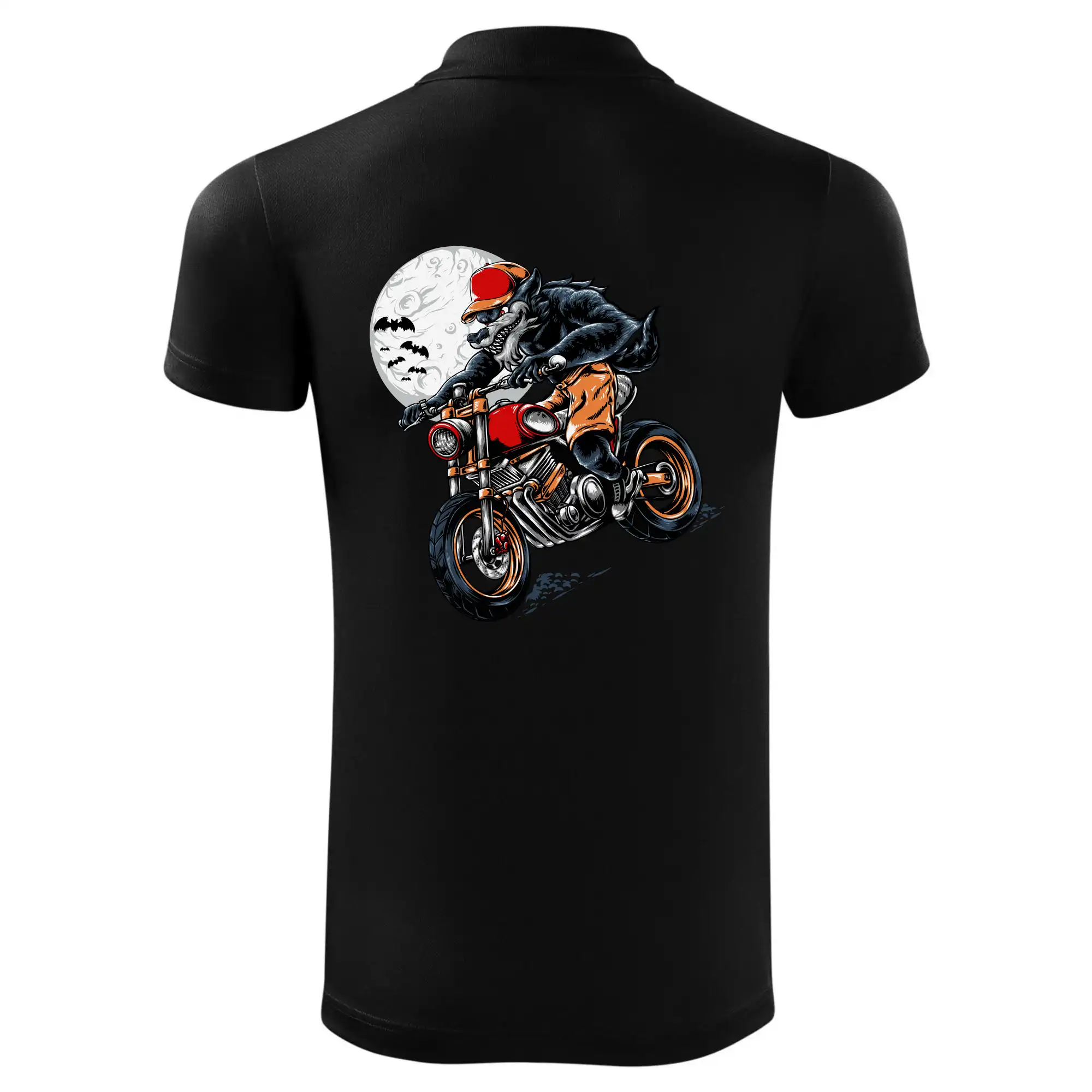Kreslený vlk na motorce
