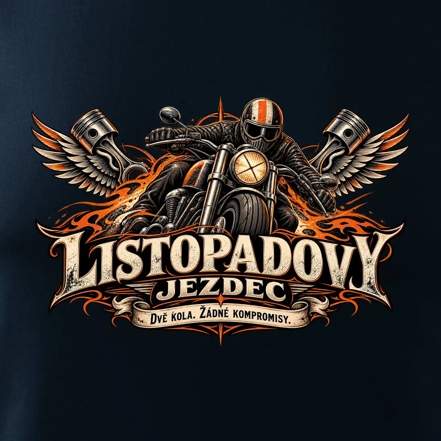 Listopadový motorkář se strojem a ohnivými křídly