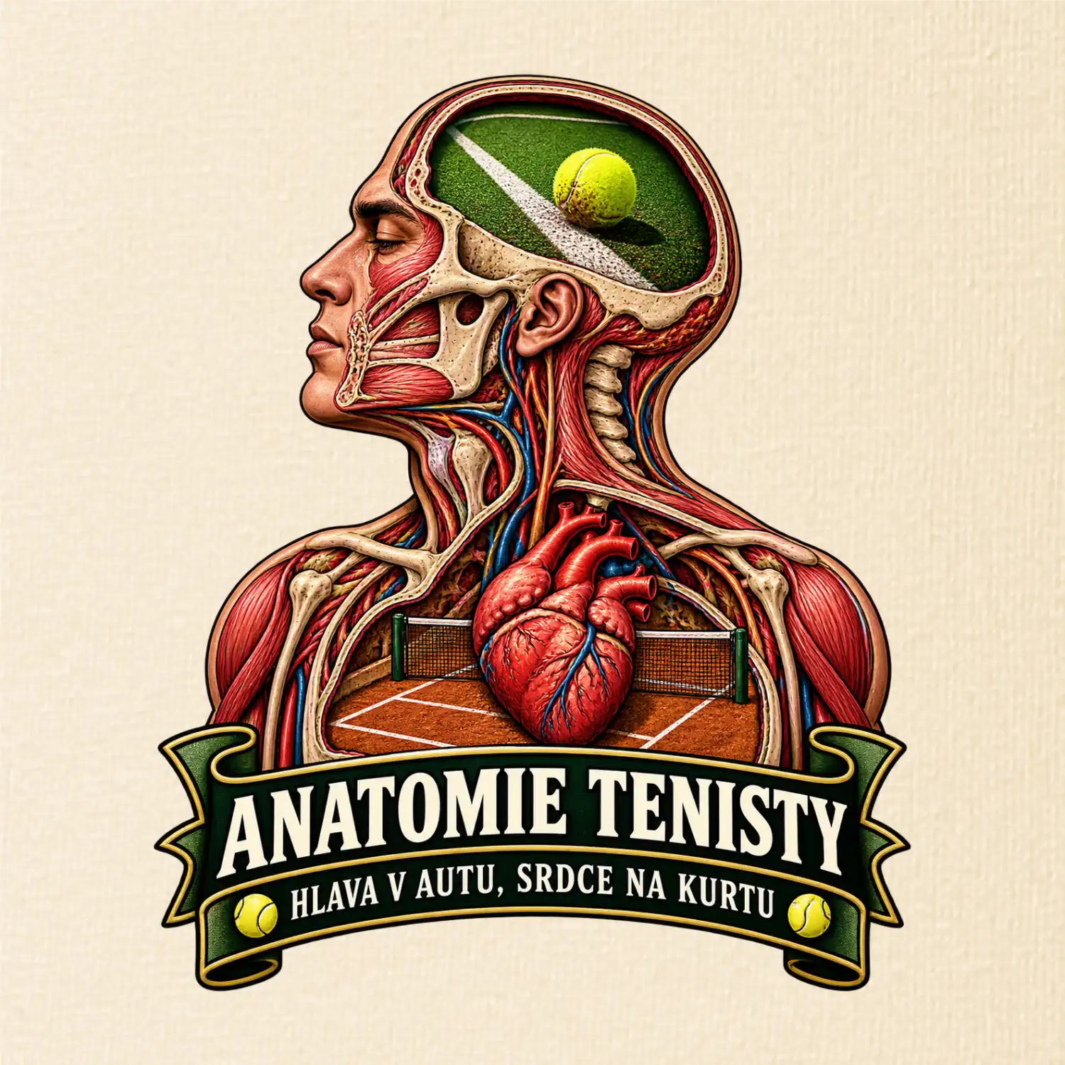 Anatomie tenisty hlava v autu srdce na kurtu
